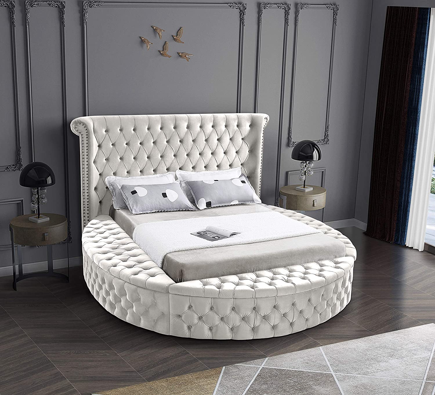 Contemporary Round Shaped Velvet Upholstered Bed with Deep