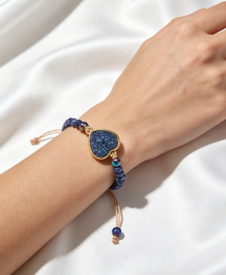 Natural Blue Sodalite Heart Druzy Charm Bracelet Handmade Women Boho Bracelet