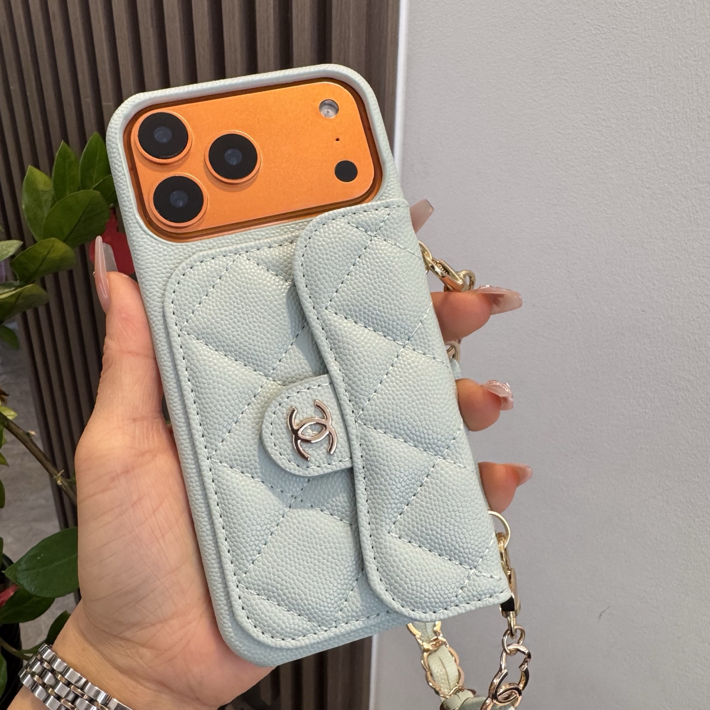Light Blue Chanel Style Quilted Caviar Leather Card Slot Chain Strap Luxury Phone Case