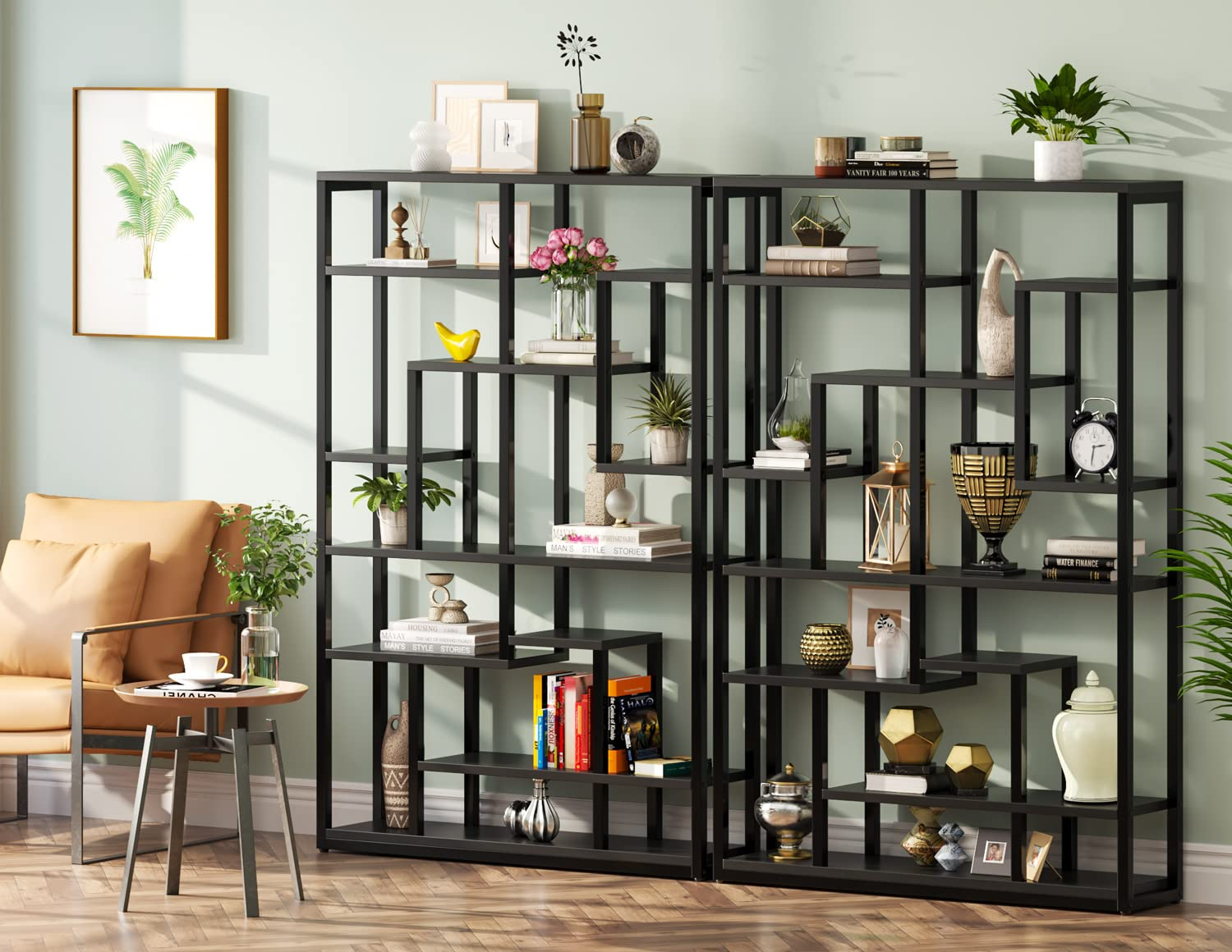 Black Bookshelf 47” Bookcase 9 Tier Tall Book Shelf Rustic