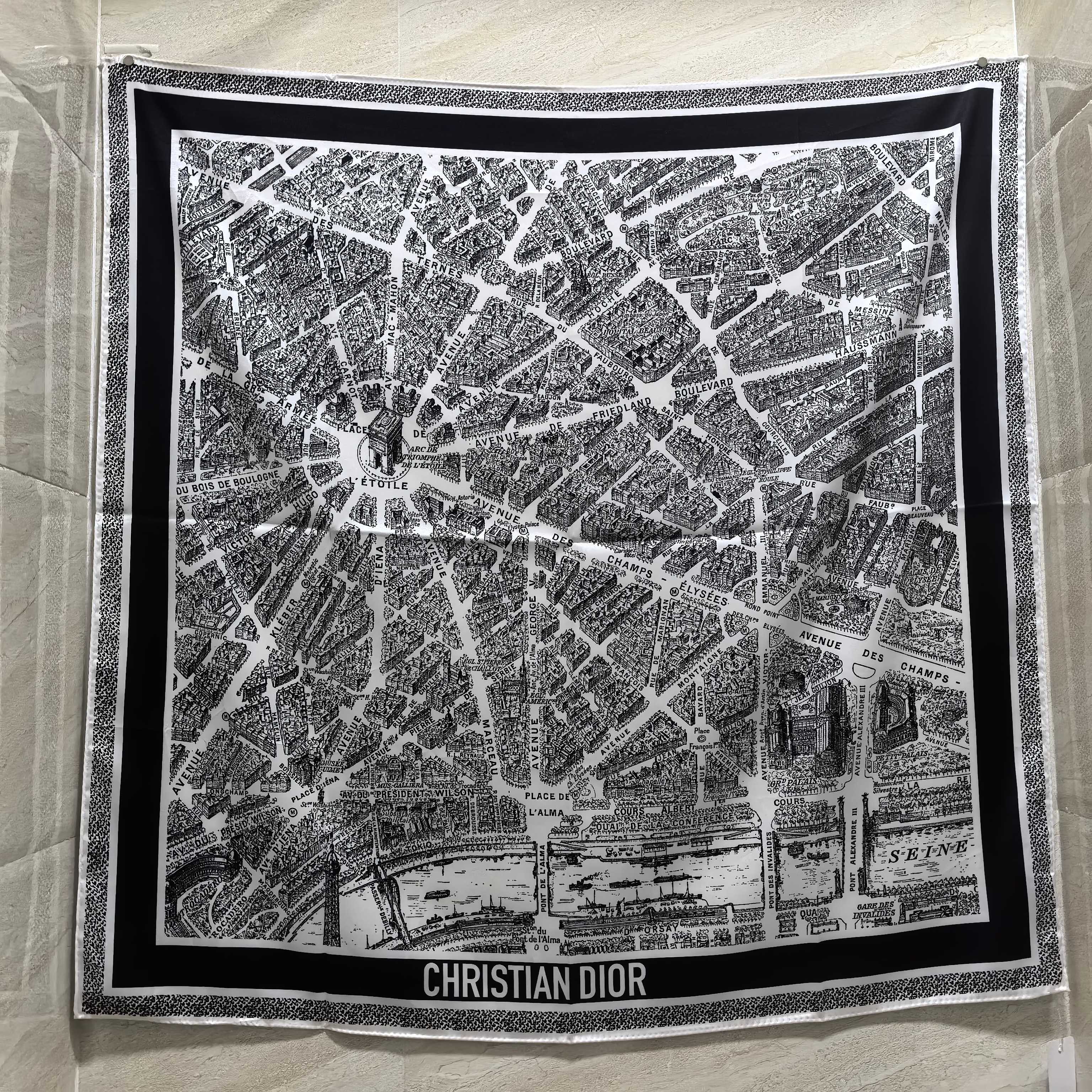 Dior Map Print Silk Square Scarf Black and Grey 90 x 90 cm