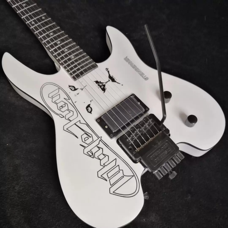 Hand Painted Lion White Headless Electric Guitar Vibrato Bridge&percussion Stick