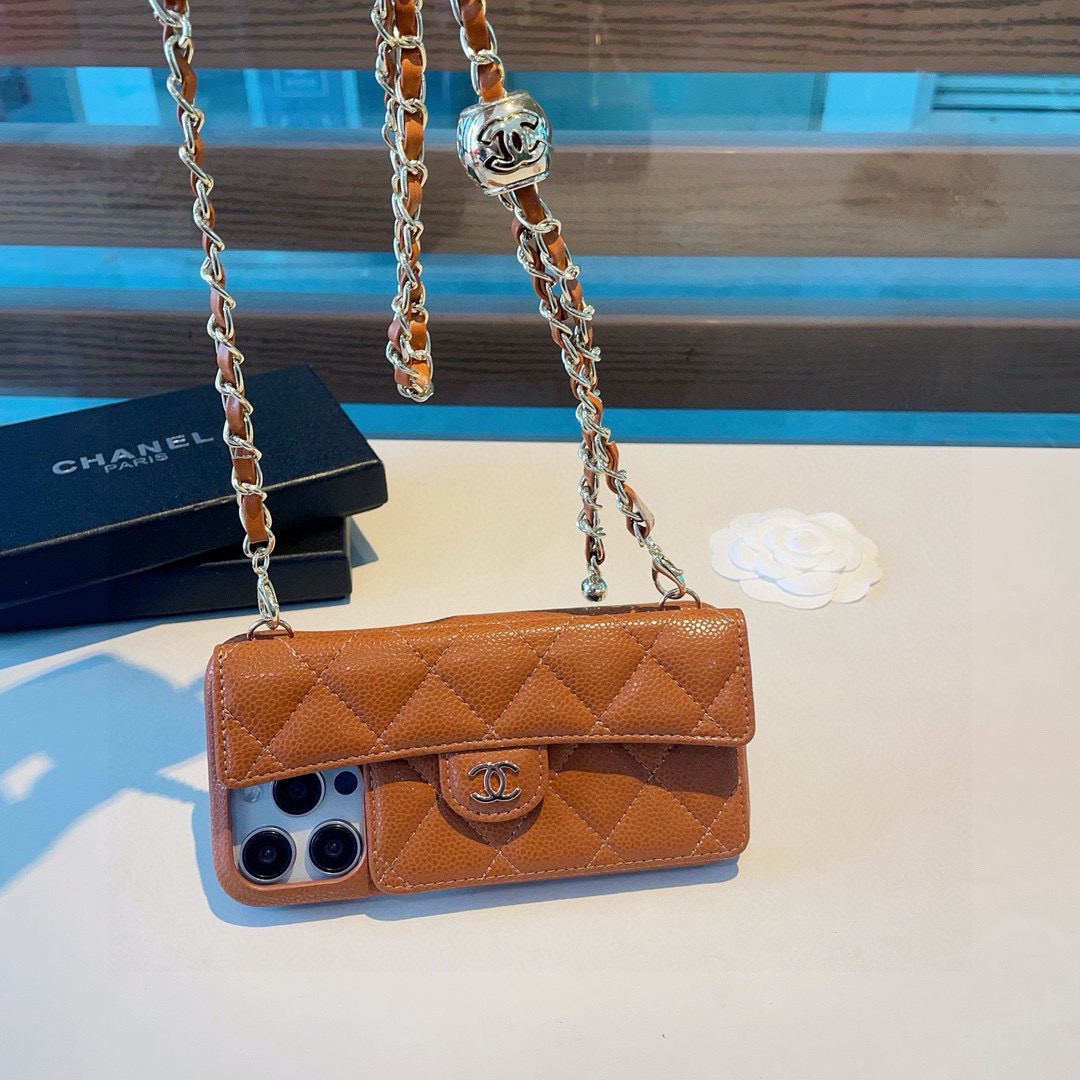 Chanel Style Quilted Leather Flip Card Holder Phone Case With Gold Chain Crossbody Strap