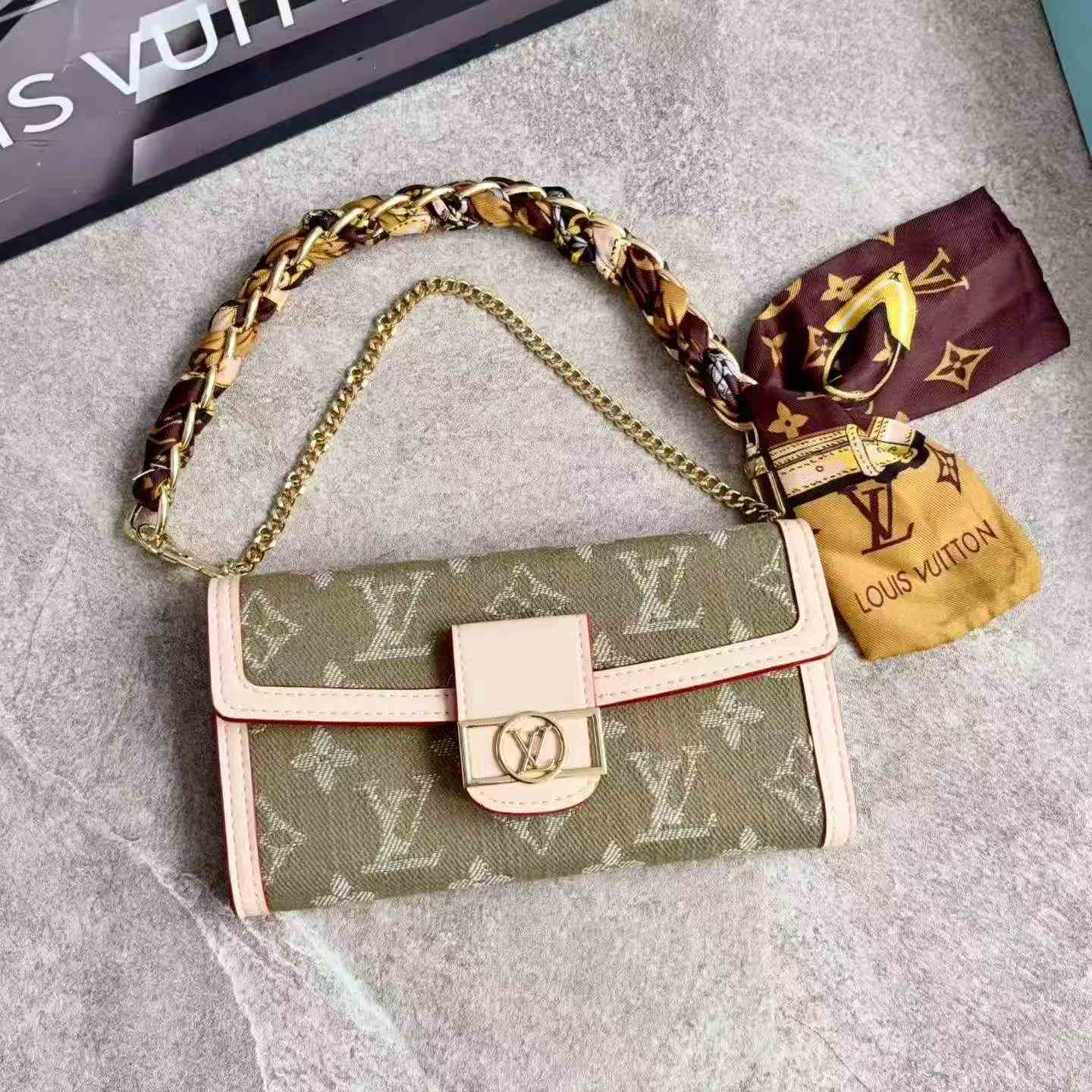 LV Monogram Baguette Shoulder Bag Mini Flap Handbag With Silk Scarf Chain Strap