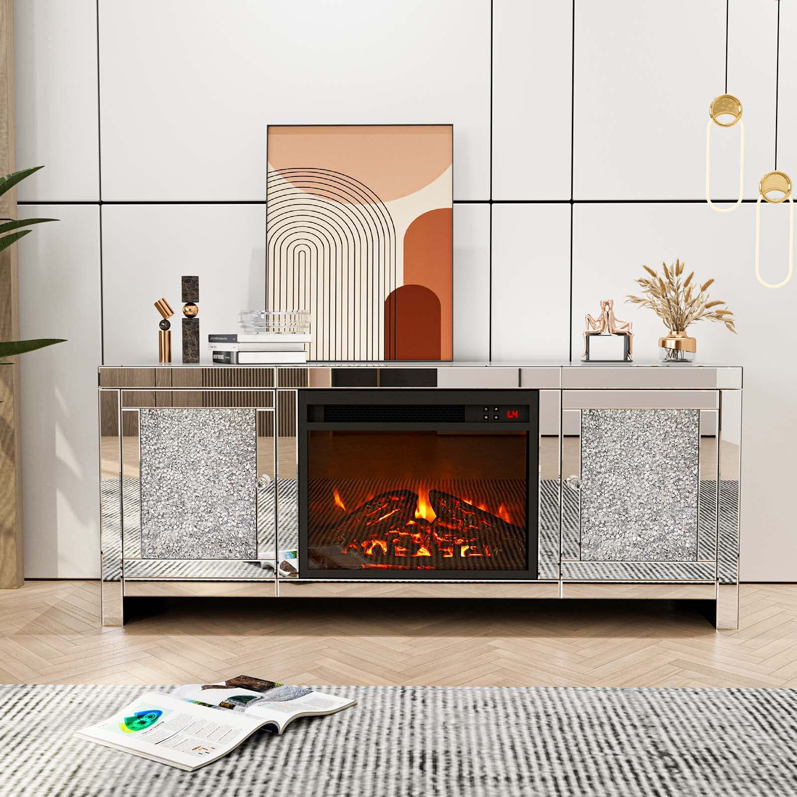 Mirrored Fireplace TV Stand