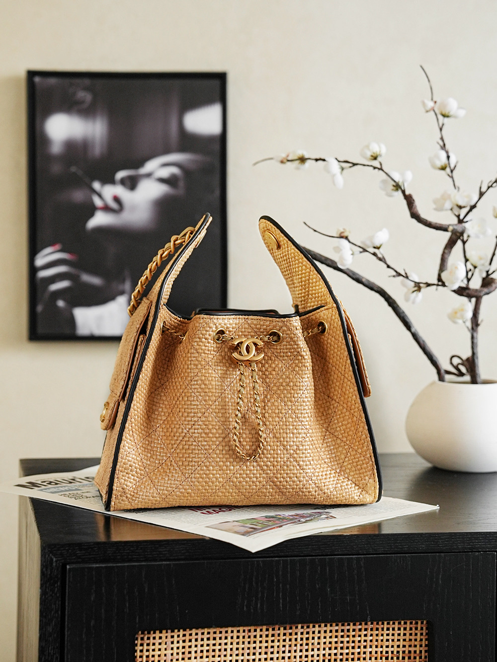 Chanel 26p hobo bag Braided Raffia‑Effect Canvas & Calfskin, Gold‑Tone Metal