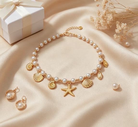 Women’s Beach‑Style Pearl Beaded Choker Necklace, 14K Gold Plated Starfish & Shell Charms Jewelry
