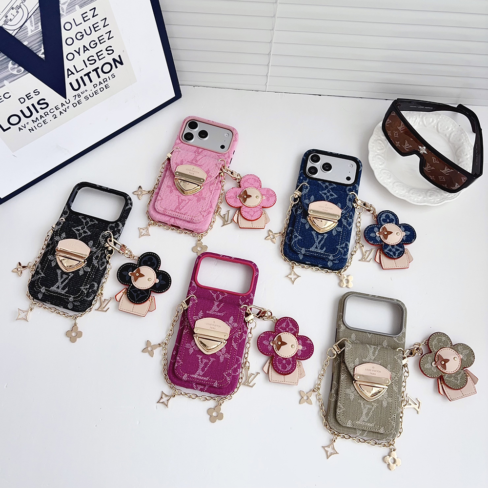 LV Monogram Denim Card Holder Phone Case With Chain Wrist Strap Vivienne Flower Charm