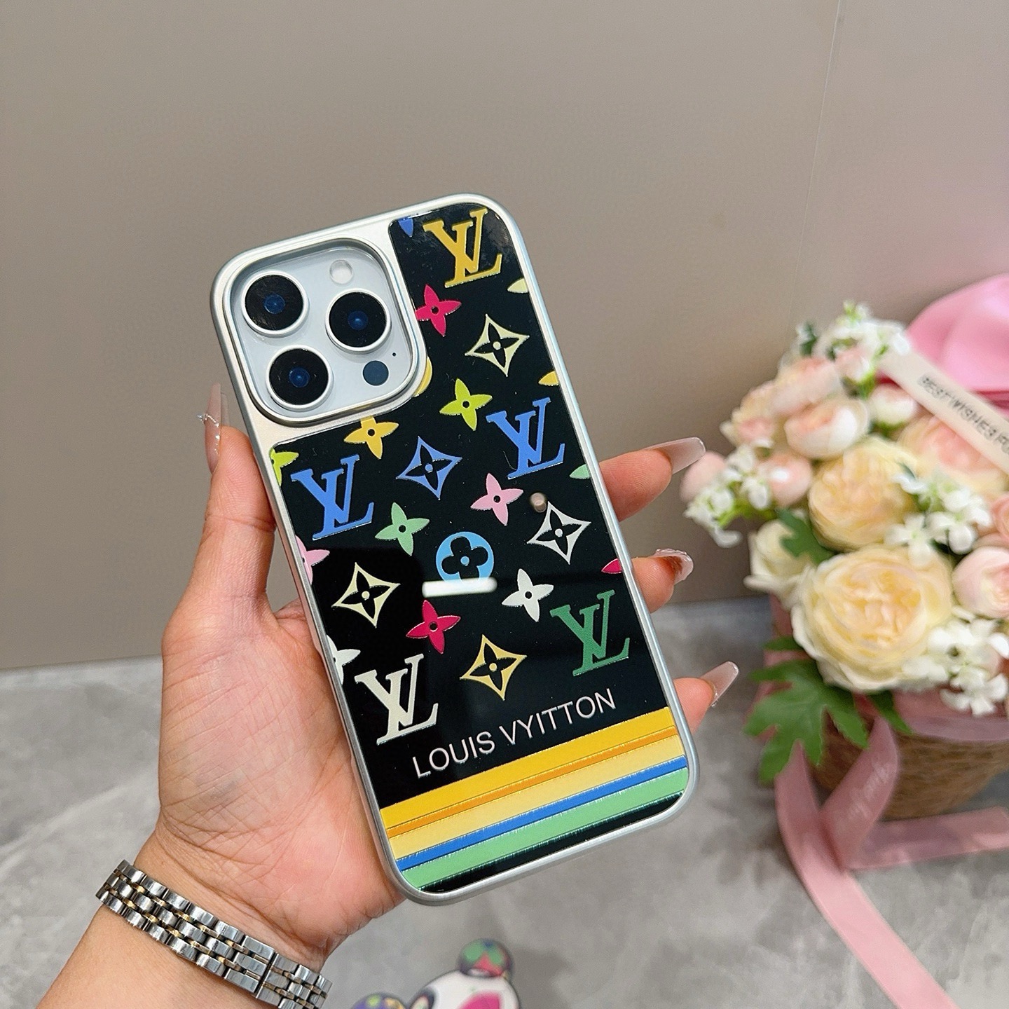 LV New Arrival Gilded Craft Electroplated Glass Phone Case