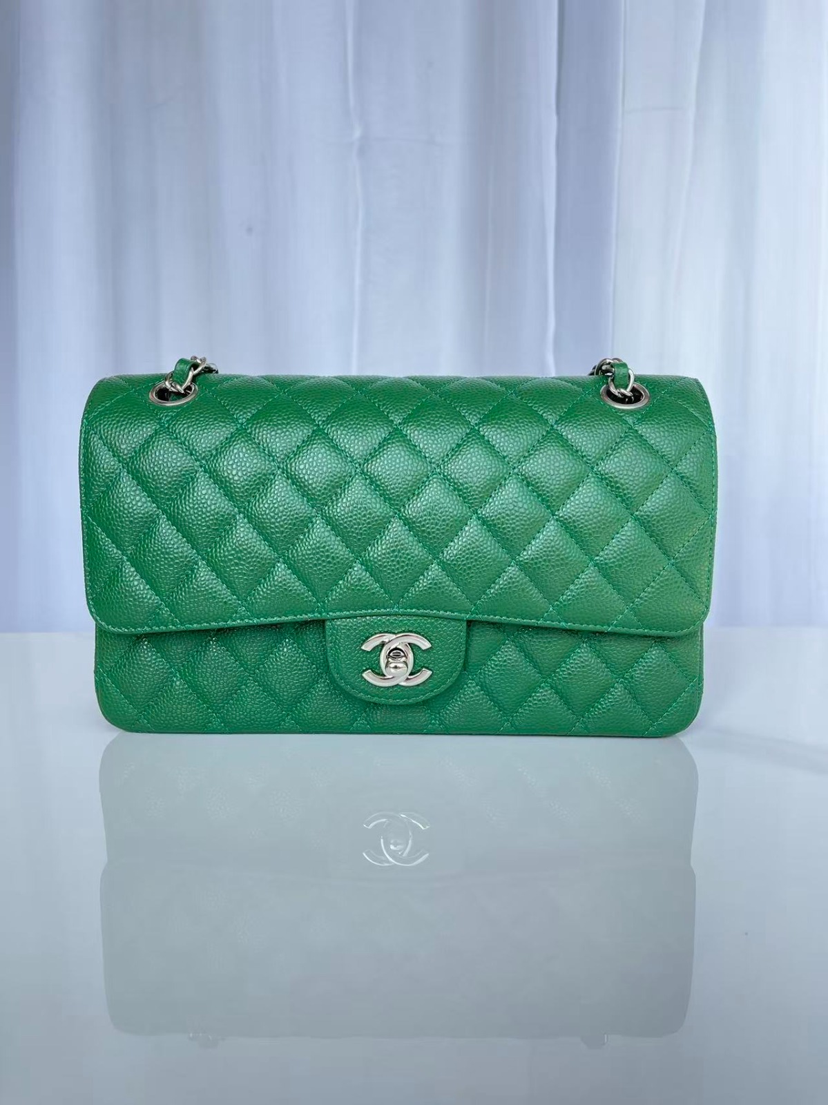 Chanel Classic Flap Medium Emerald Green Caviar Leather Silver Hardware Chain Shoulder Bag