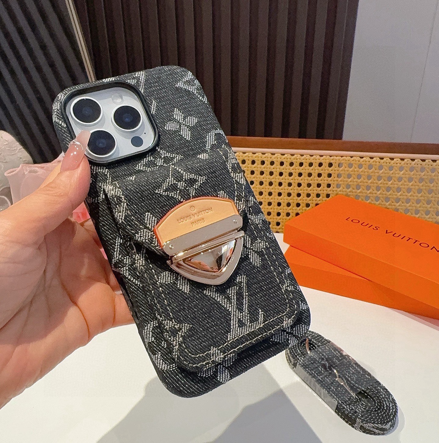 LV Denim Lock Card Holder Phone Case with Crossbody Strap