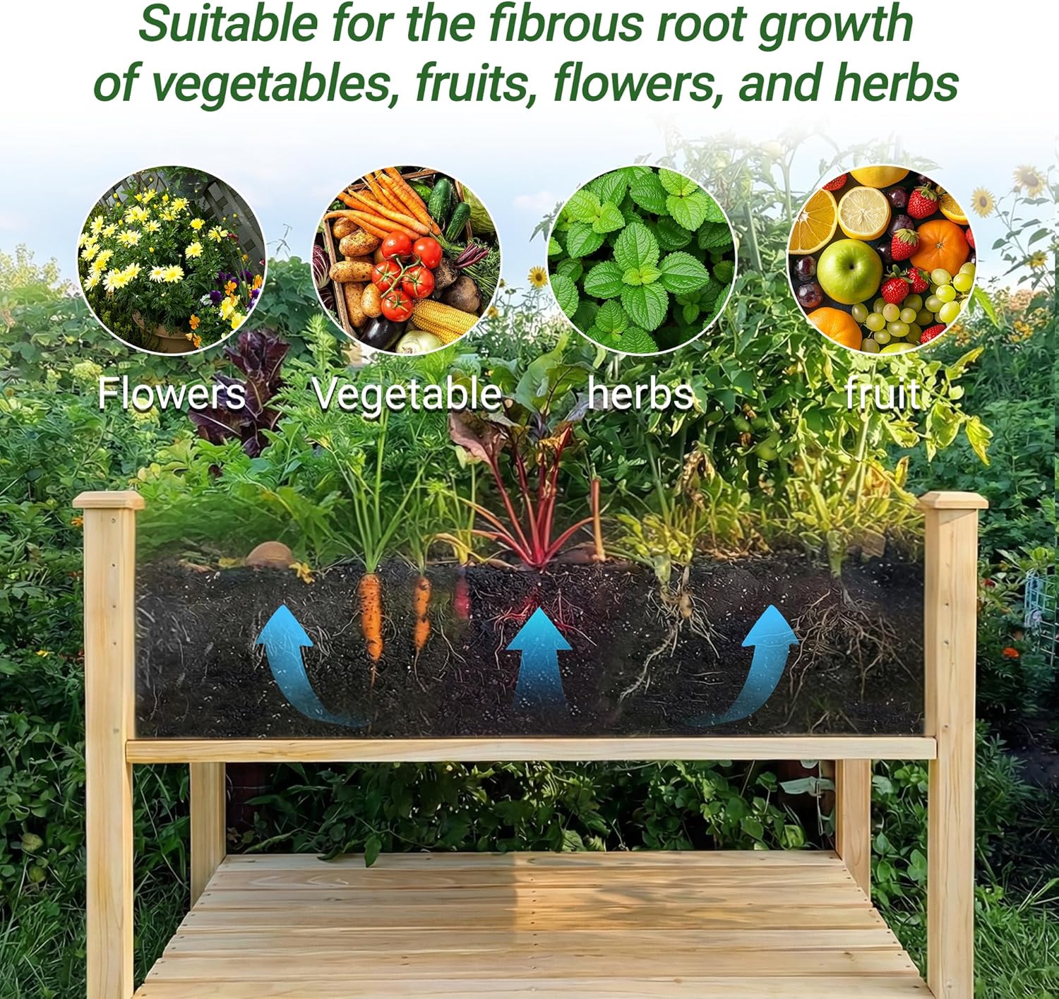 QIHAI Outdoor Wood Raised Garden Bed,Storage Shelf, Elevated Reinforced Large Planter Box for Vegetable Flower Backyard Patio Gardening Balcony,48x23x31.1-inch