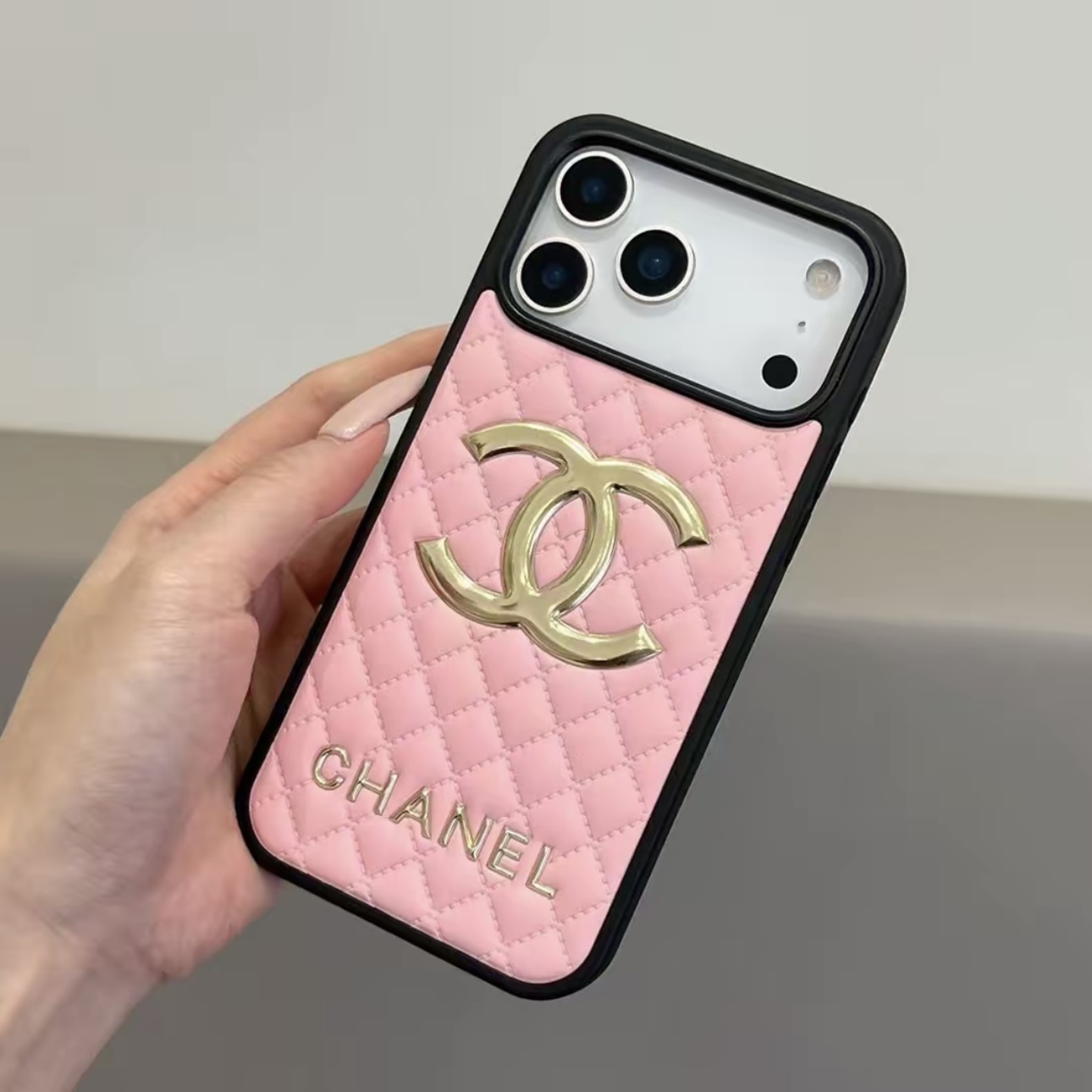 Chanel Classic Quilted Leather 3D Gold Logo Luxury Phone Case