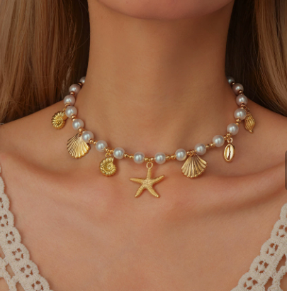 Women’s Beach‑Style Pearl Beaded Choker Necklace, 14K Gold Plated Starfish & Shell Charms Jewelry