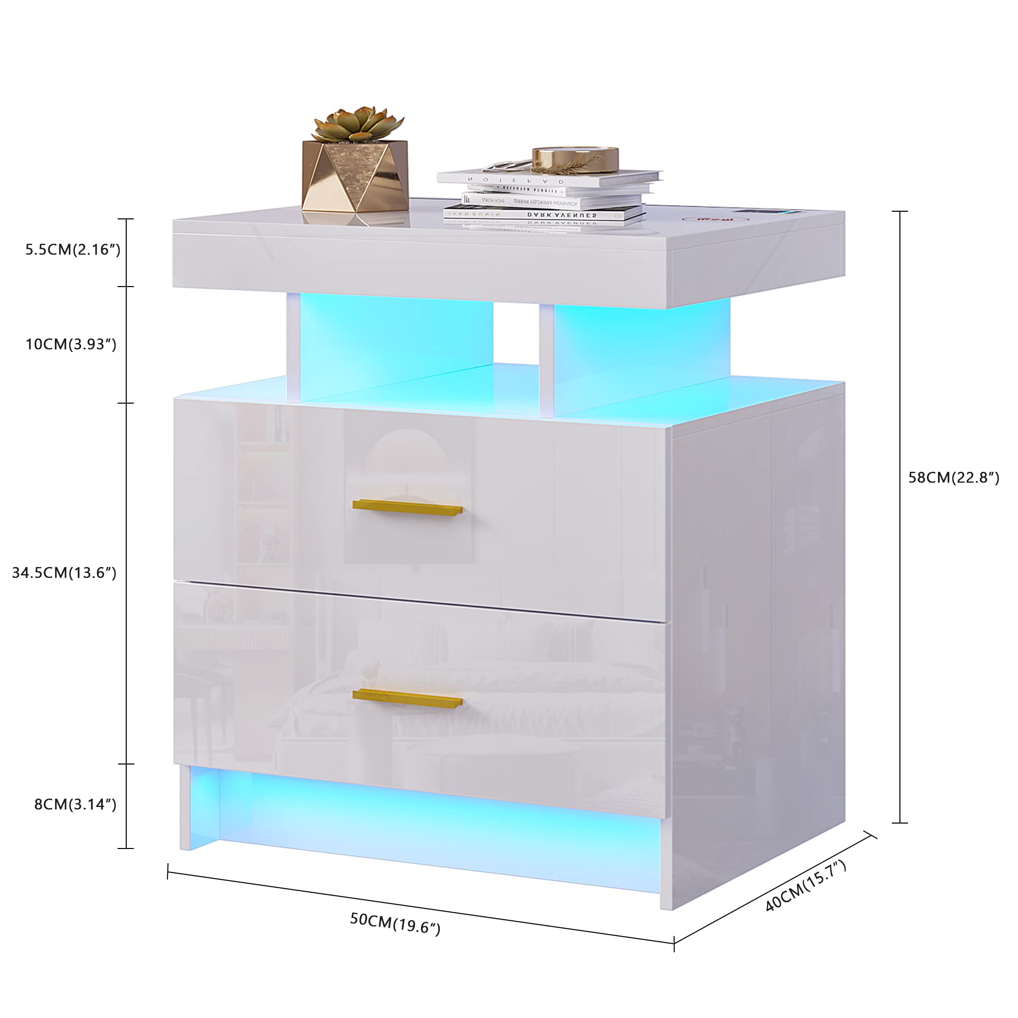 LED White Nightstand with 3 Colors Adjustable 2 USB Ports and