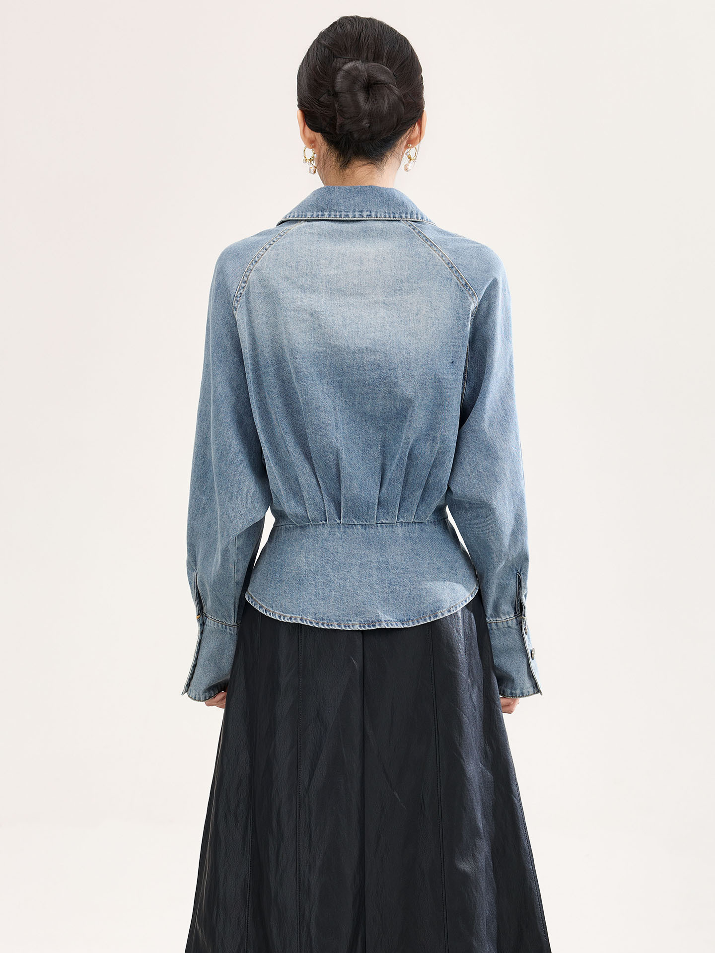 Women's Casual Sle Bell Sve Waist Cinched Vintage Denim irt Coat Water Waed Blue High Waist Stand Length