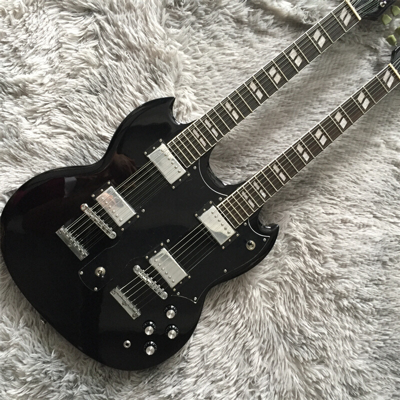 New Black Double Neck 12+6 Strings Electric Guitar 4H Pickups Rosewood Fretboard