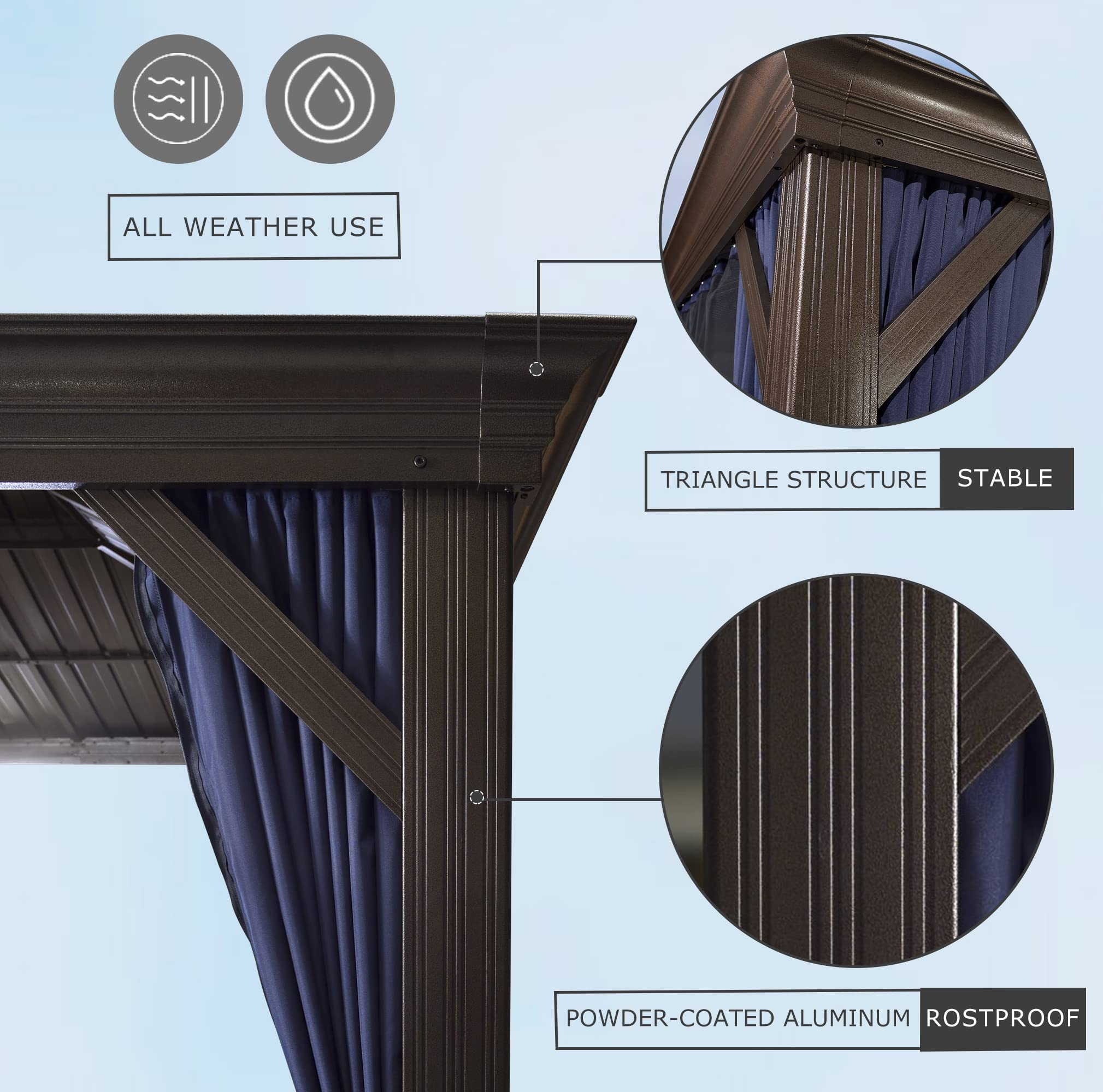 Hardtop Gazebo Pavilion for Deck Backyard Heavy Duty Sunshade