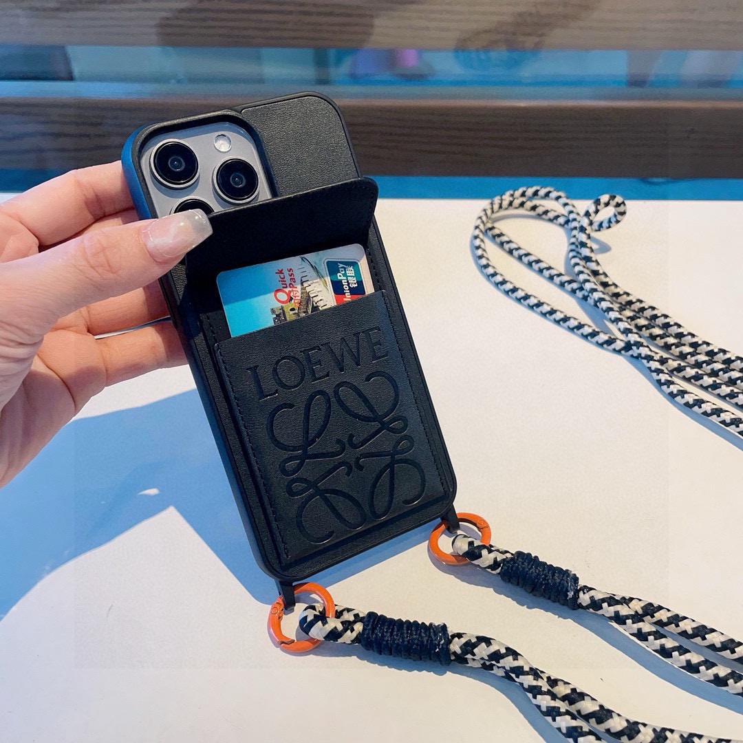 Loewe Style Leather Card Holder Phone Case with Crossbody Woven Strap
