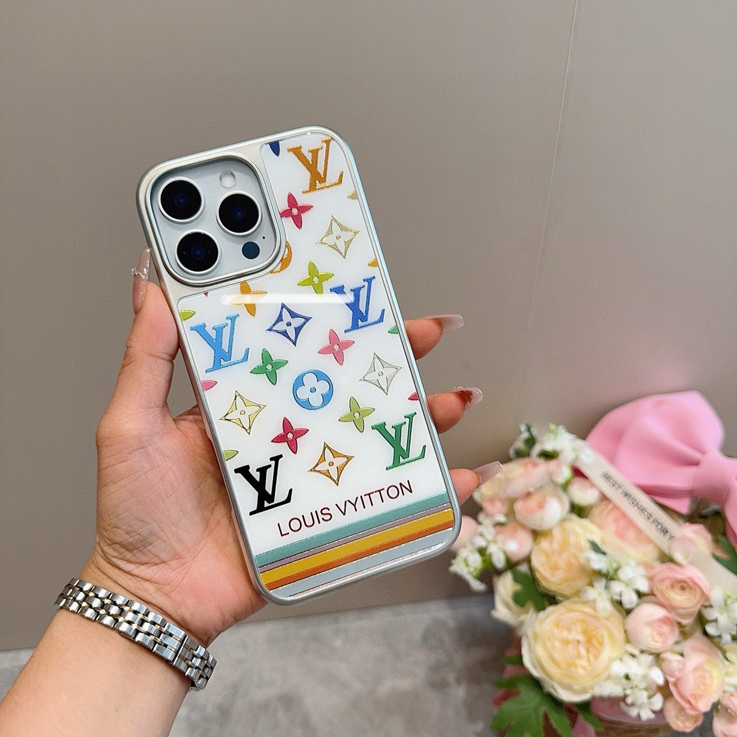 LV New Arrival Gilded Craft Electroplated Glass Phone Case