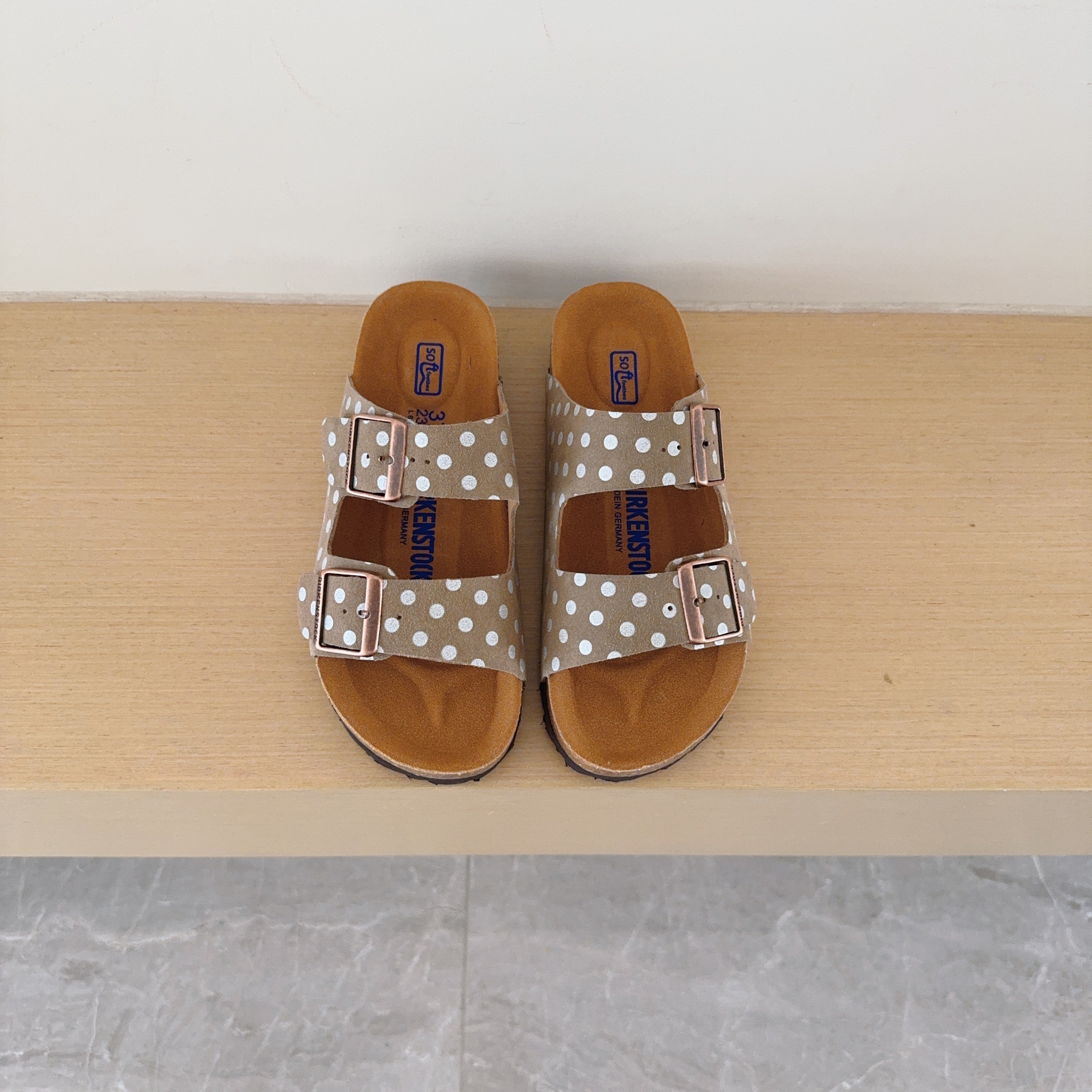 Polka Dot Birken-Style Two-Strap Sandals