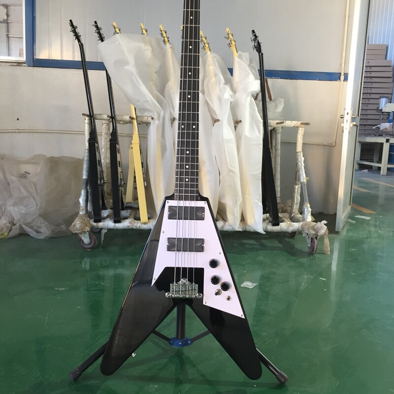 Black Flying V Electric Bass Guitar Solid Body HPL Fretboard HH Pickups 21 Frets