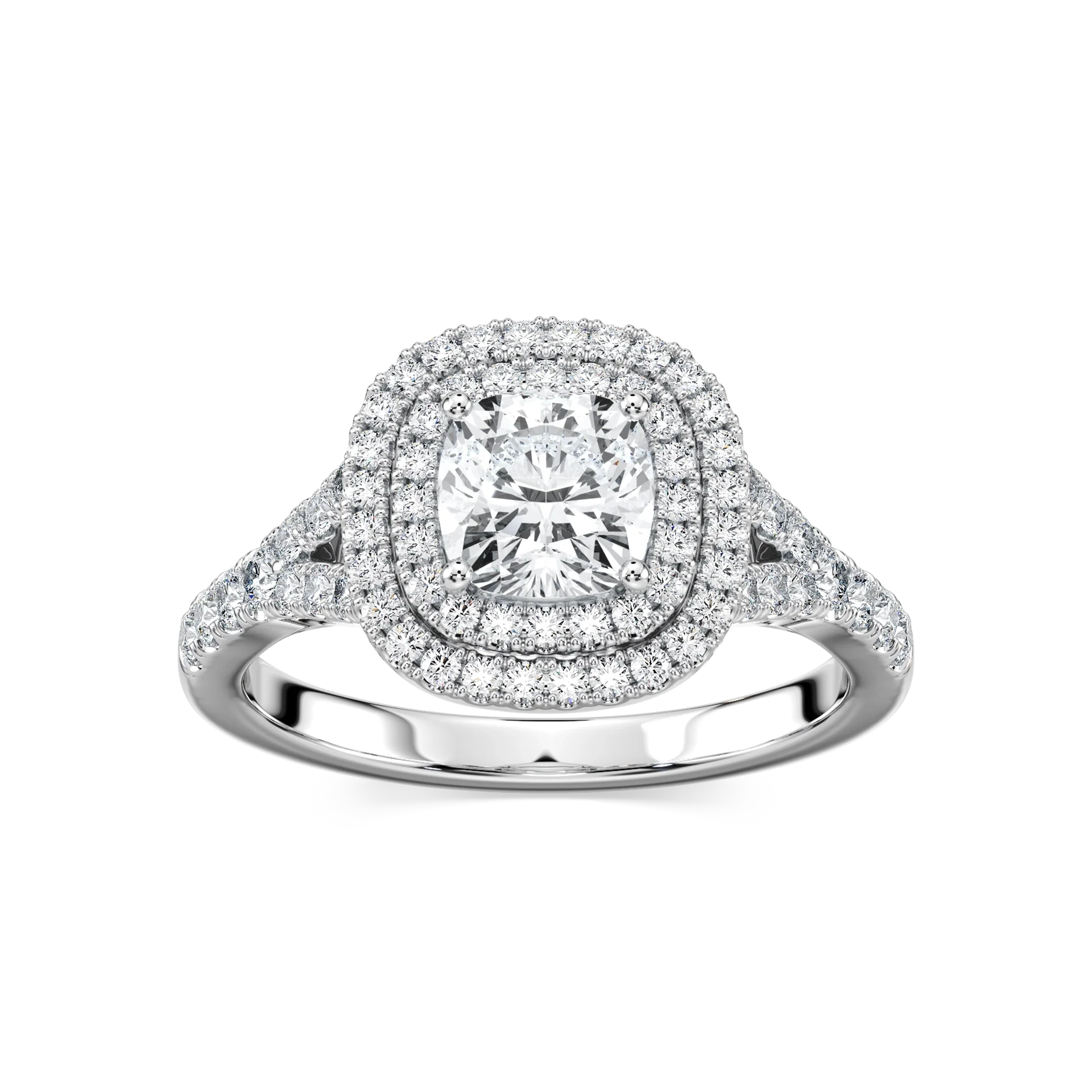 Novia Cushion Lab Grown Diamond Split Shank Double Halo Engagement Ring