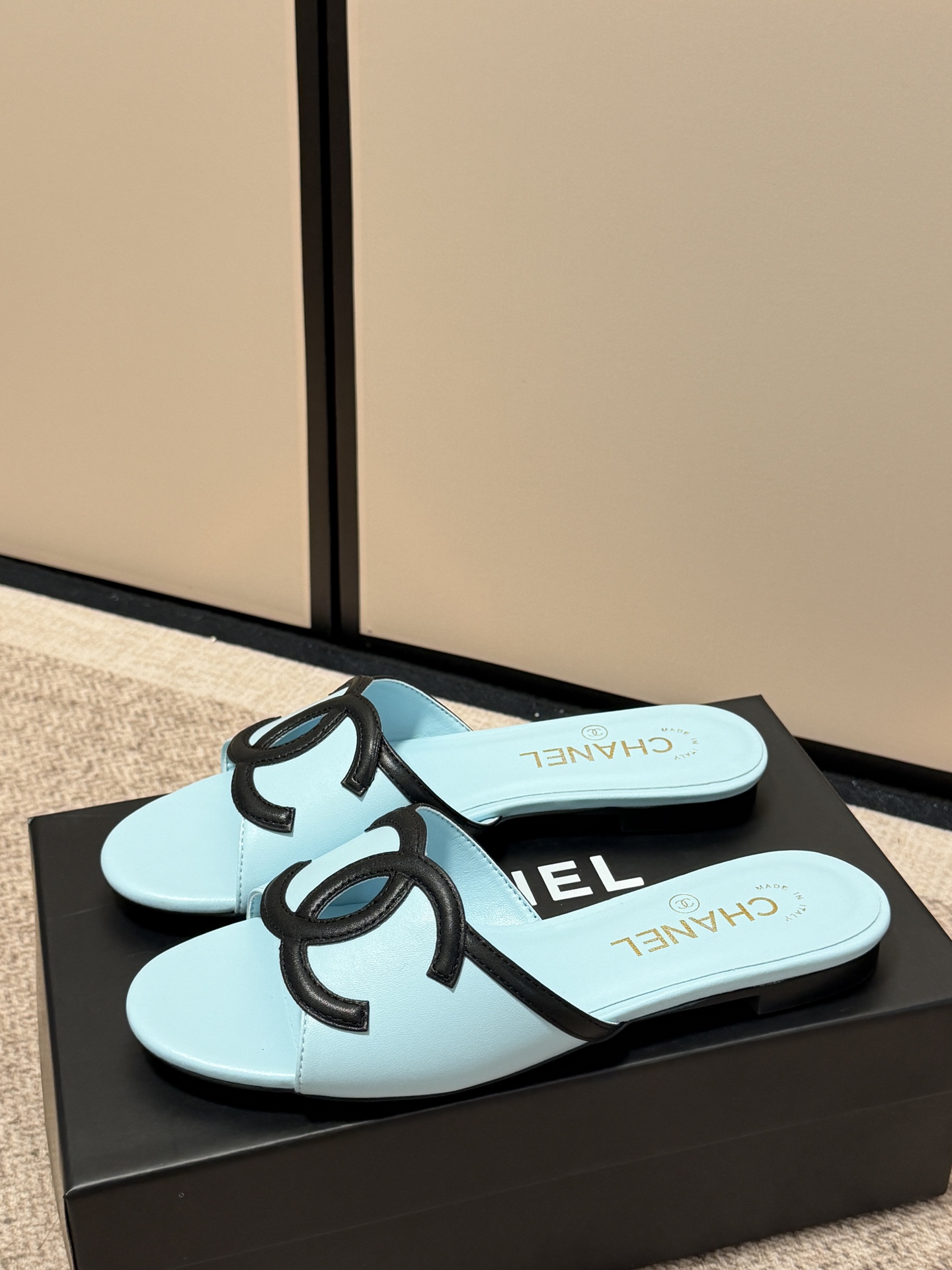 Chanel Cutout Double-C Slide Sandals - Black & Light Blue