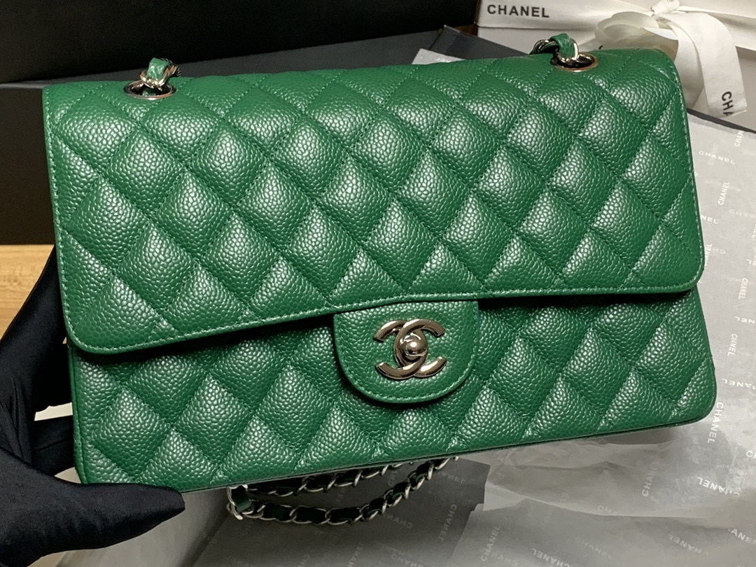 Chanel Classic Flap Medium Emerald Green Caviar Leather Silver Hardware Chain Shoulder Bag