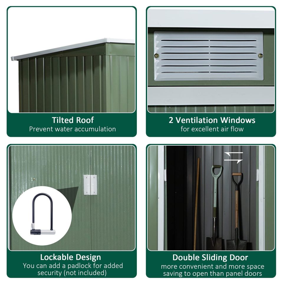 Corrugated metal storage shed outside equipment kit, light green