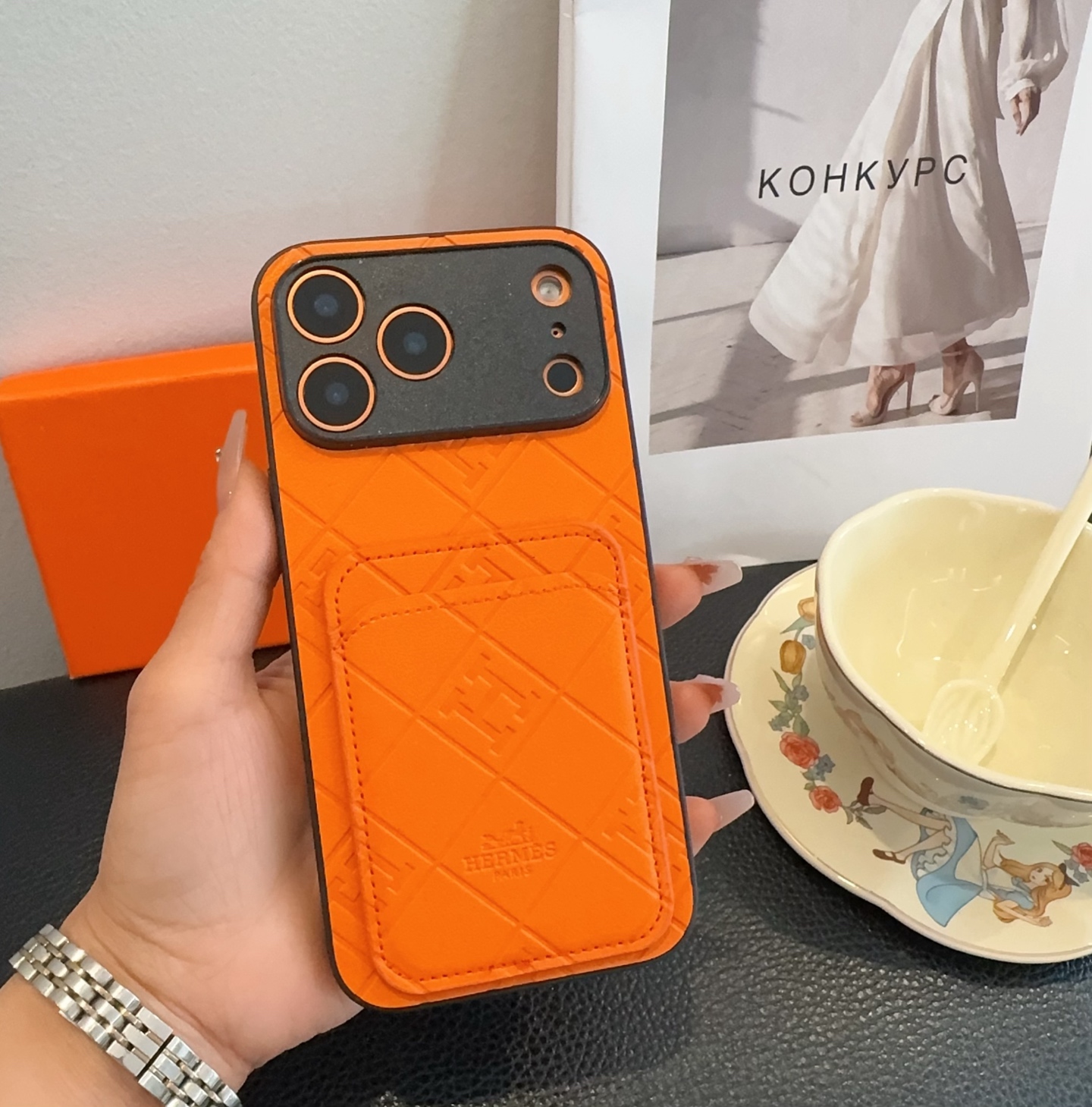 Hermès Embossed Monogram Leather Card Holder Phone Case