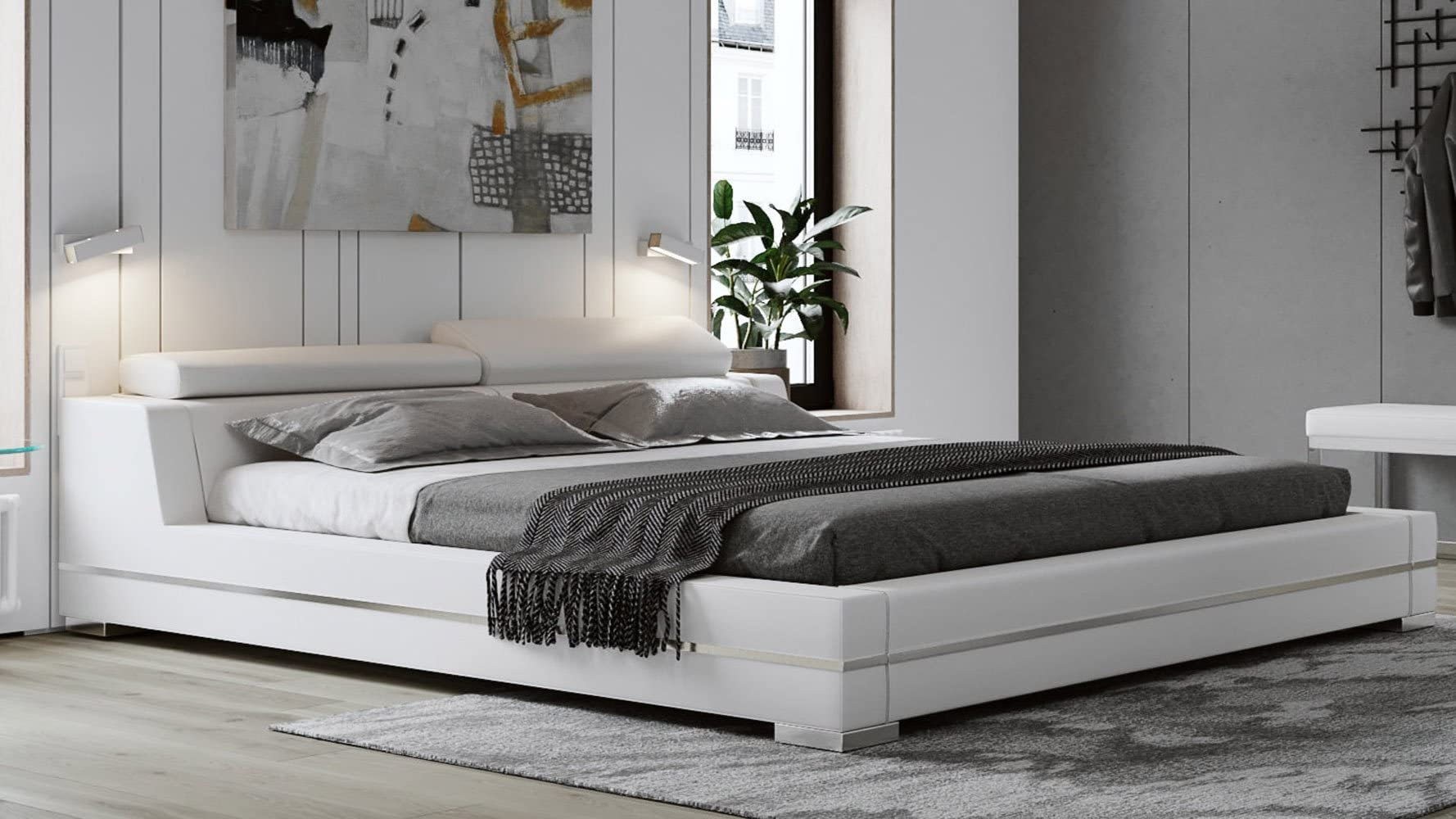 Hera Genuine White Leather Platform Bed with Adjustable Headrests