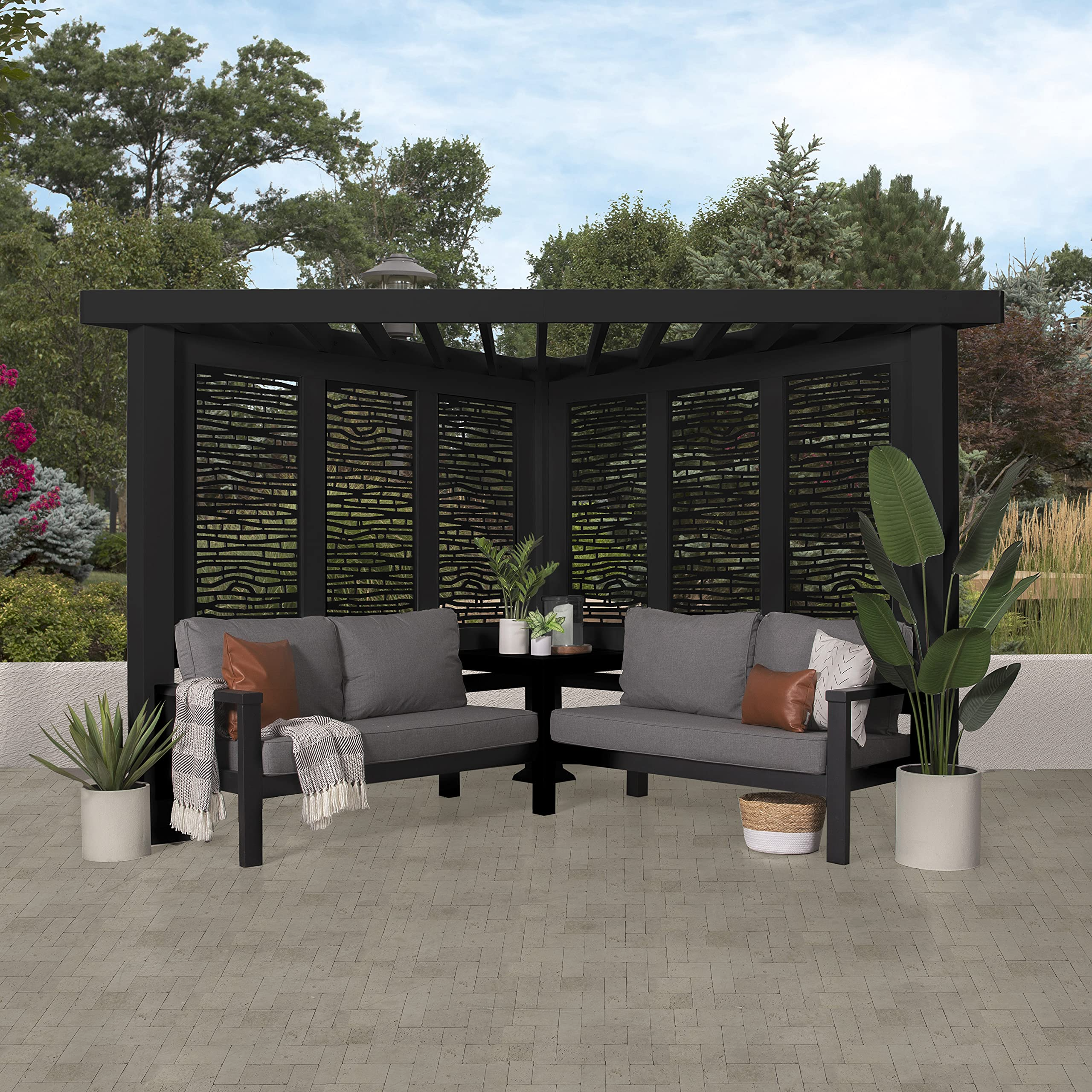 Glendale Modern Steel Cabana Pergola with Conversation Seating