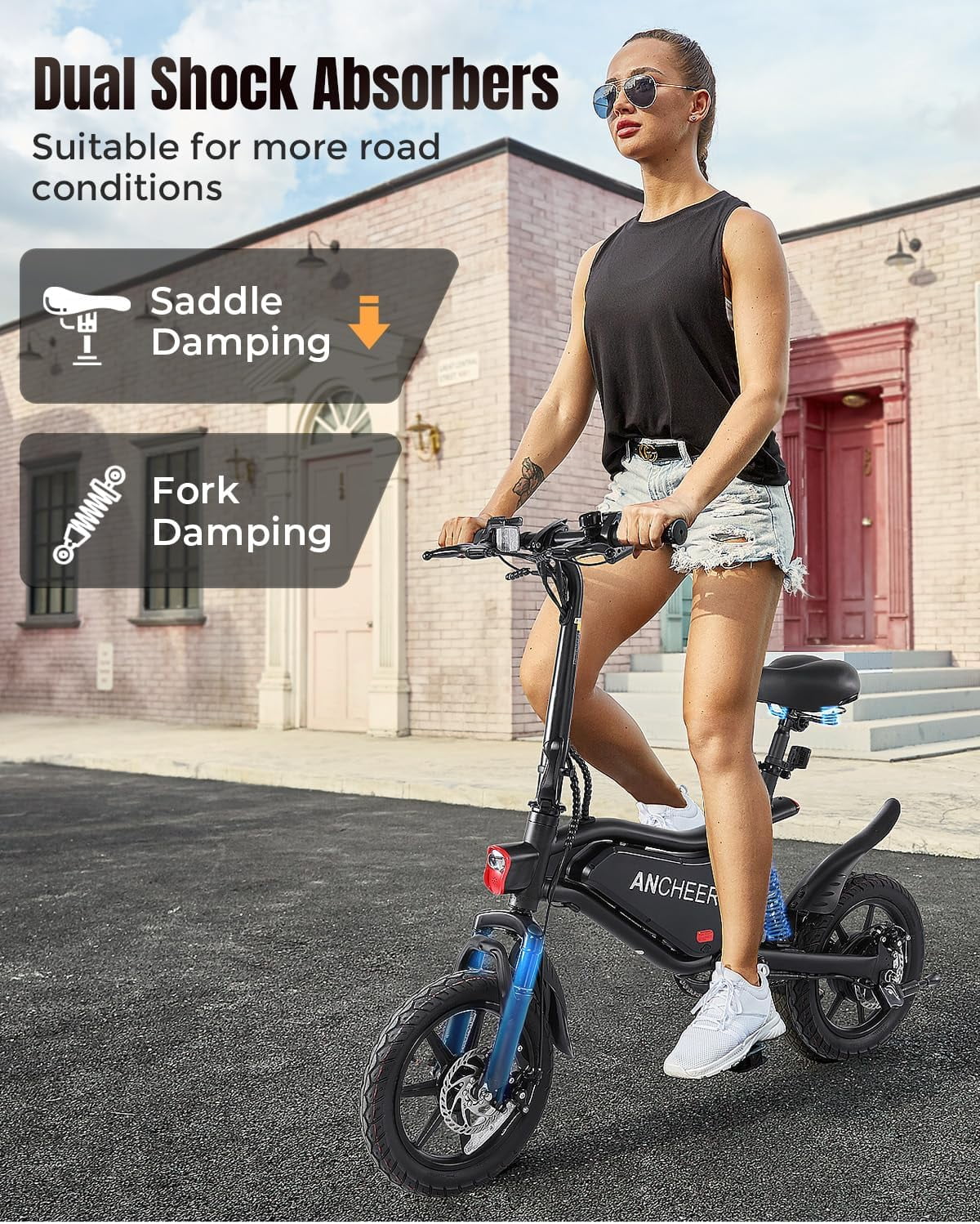 ANCHEER 14in Folding Electric Bike, 500W Peak, 48V 374Wh