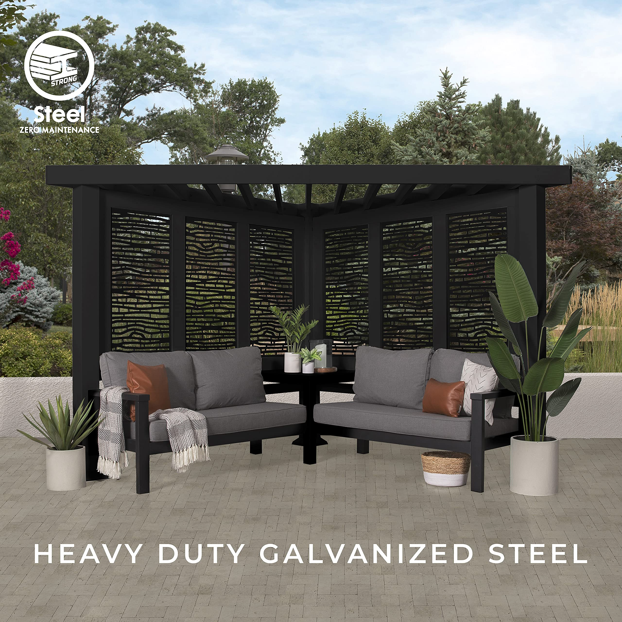 Glendale Modern Steel Cabana Pergola with Conversation Seating