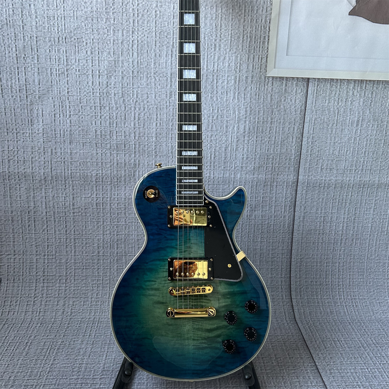 LP Blue Electric Guitar Gold Parts Black Pickguard Fixed Bridge 6 Strings