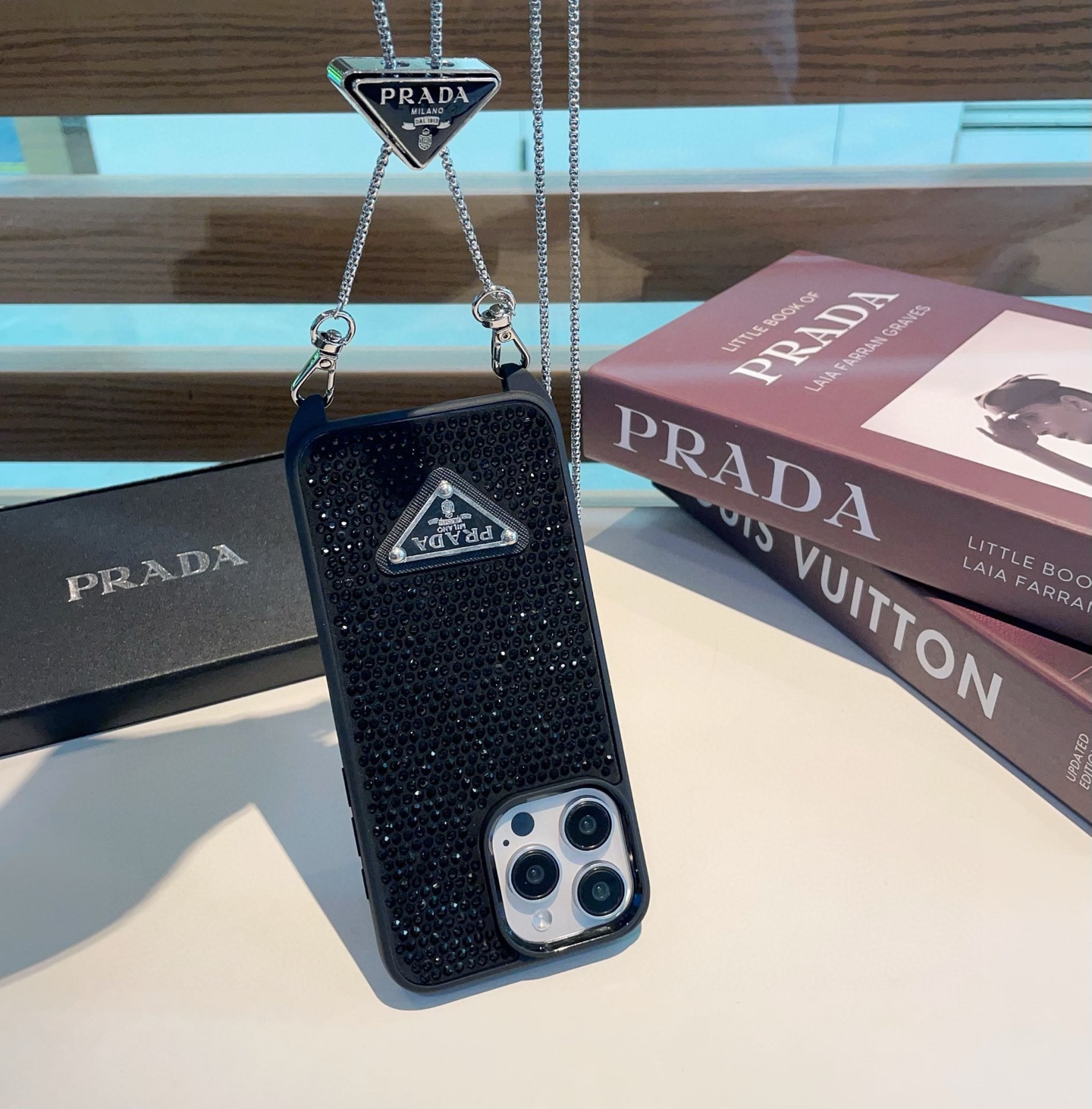 Prada Style Full Diamond Glitter Phone Case With Crossbody Chain Strap
