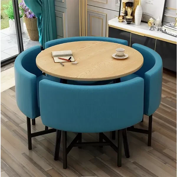 Small Round Wooden Dining Table Set with 4 Upholstered Chairs