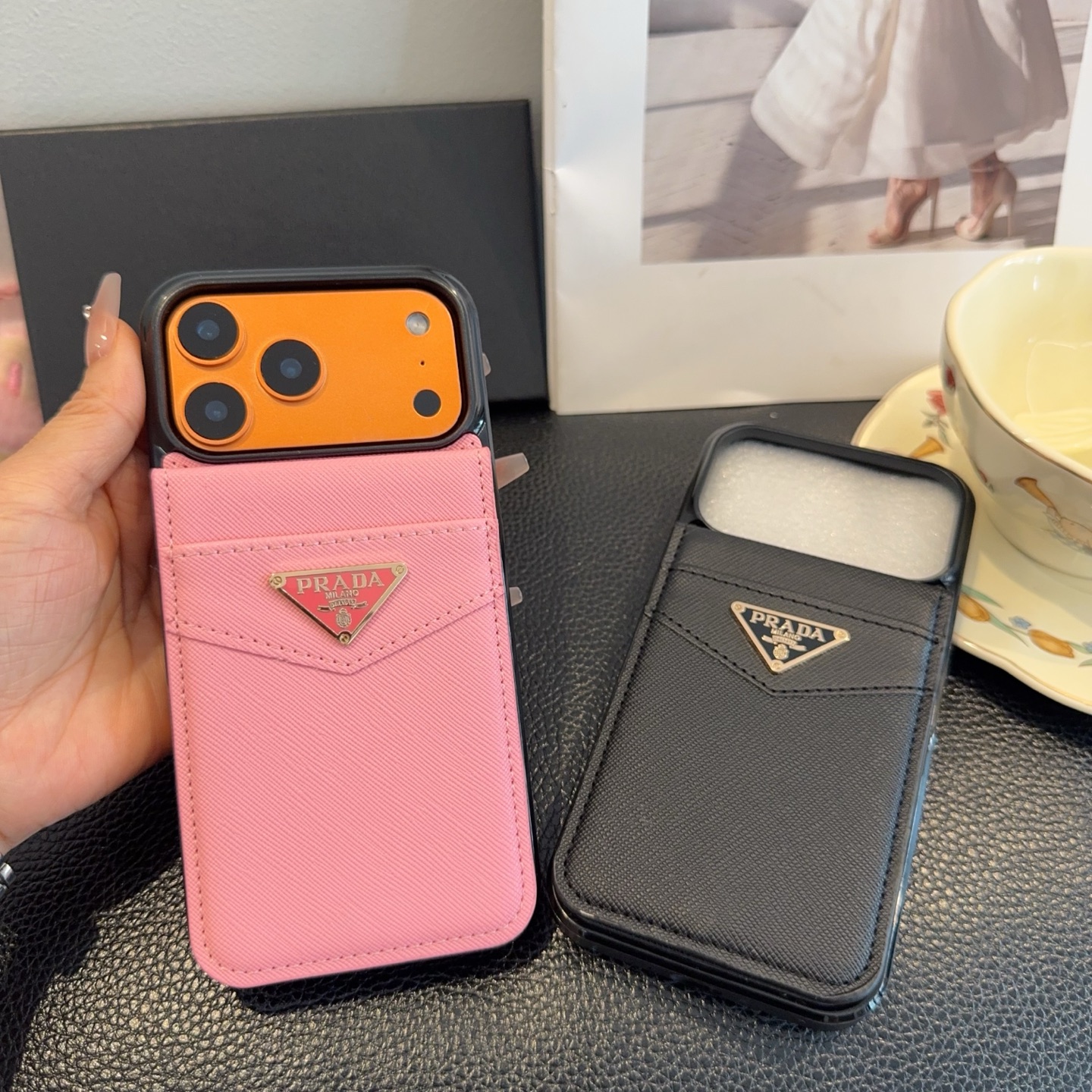 Prada Saffiano Leather Flip Wallet Card Holder Luxury Phone Case