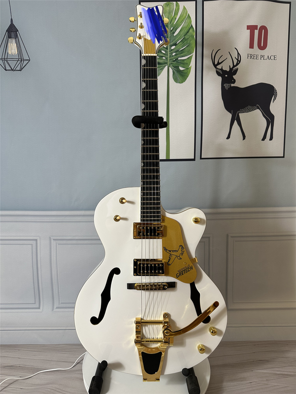White 6 String Electric Guitar Hollow Body HH Pickup Gold Hardware