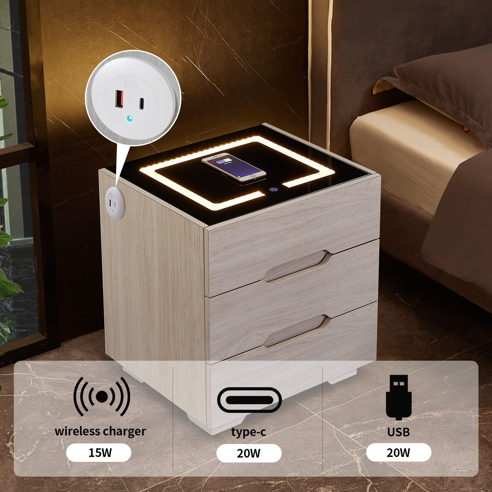 Nightstands Wireless Charging Station and LED Lights