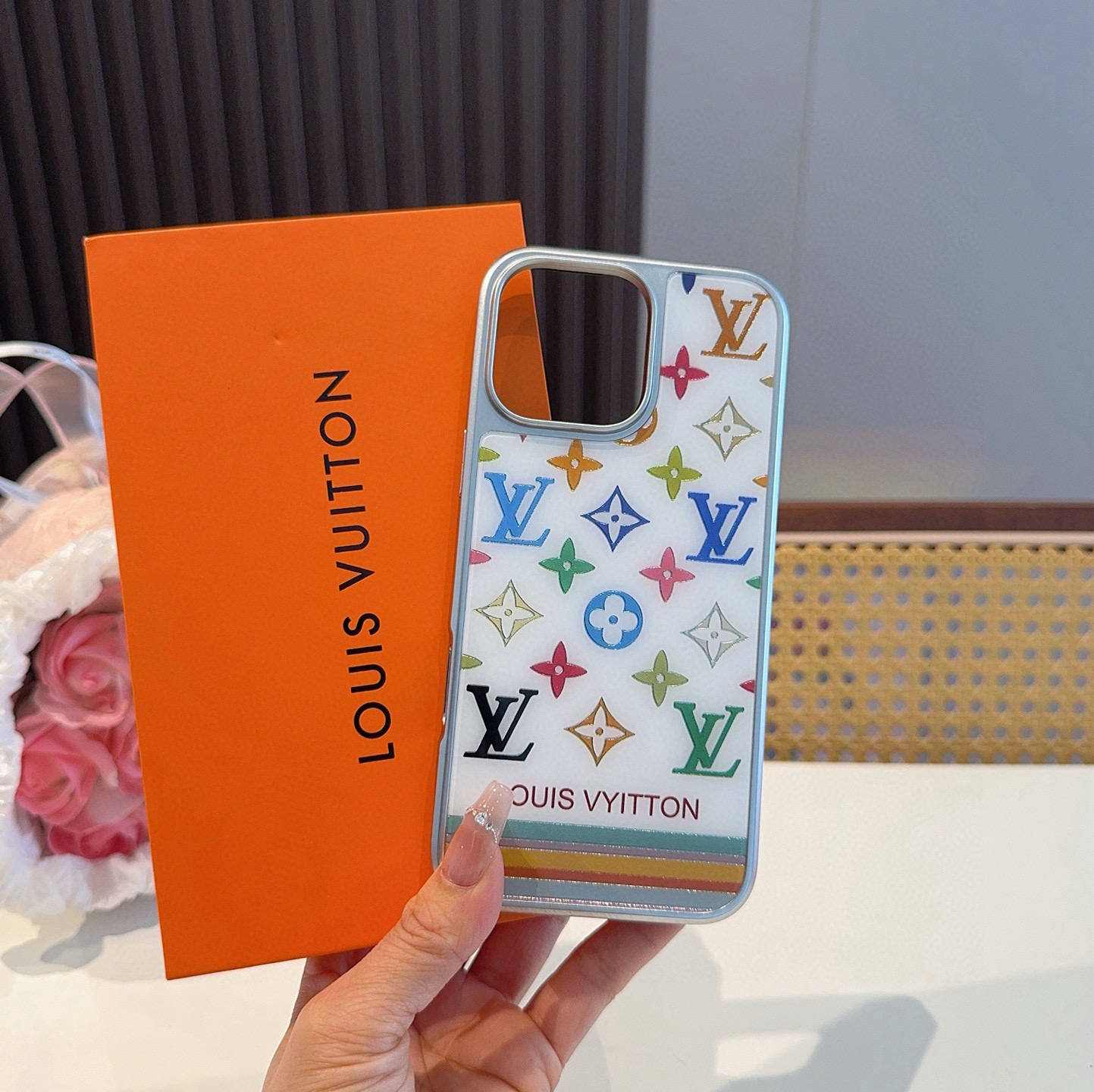LV New Arrival Gilded Craft Electroplated Glass Phone Case