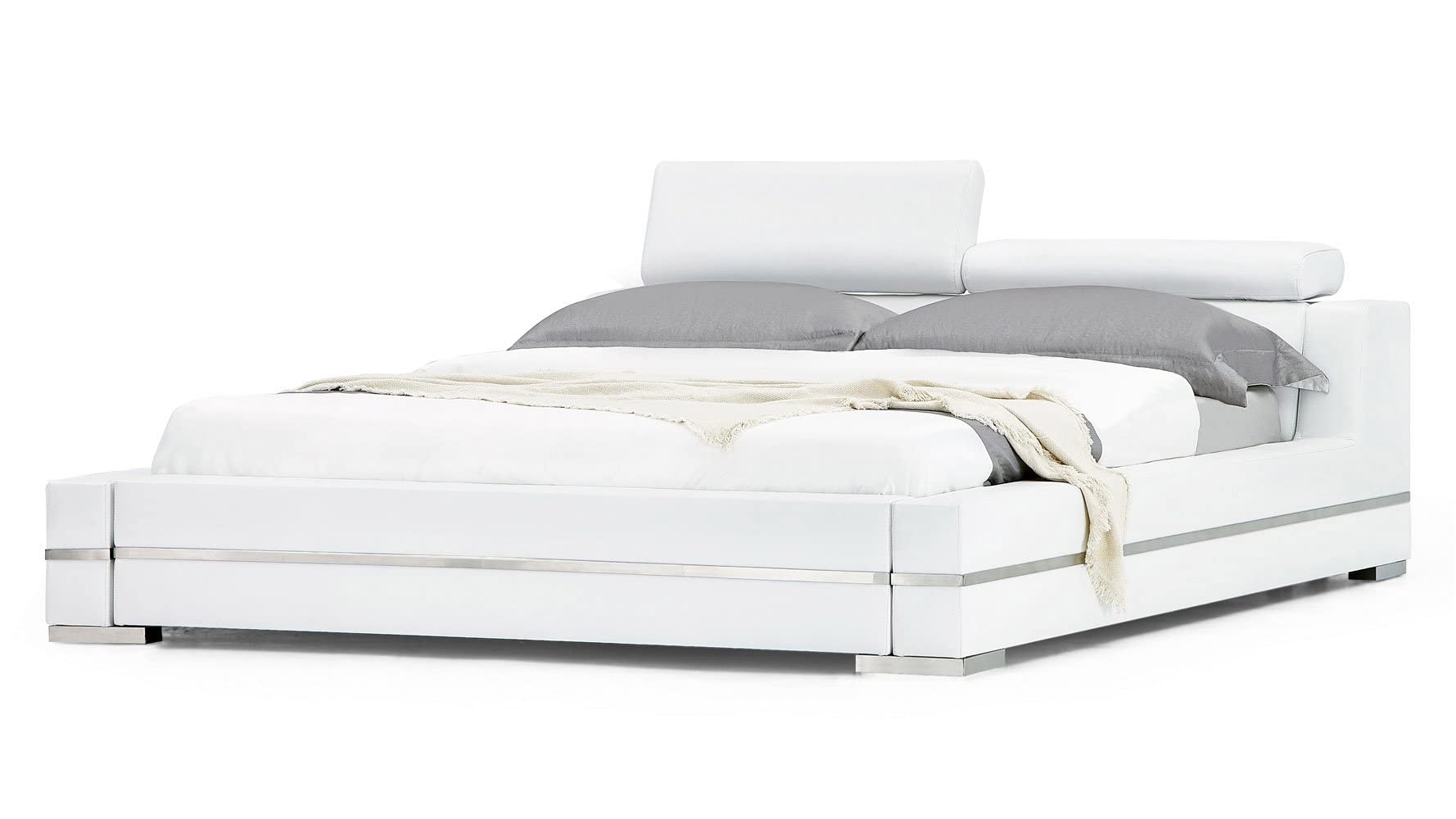 Hera Genuine White Leather Platform Bed with Adjustable Headrests