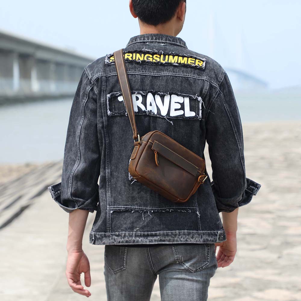 Vintage Full-Grain Leather Crossbody Bag - Compact Utility for the Urban Explorer