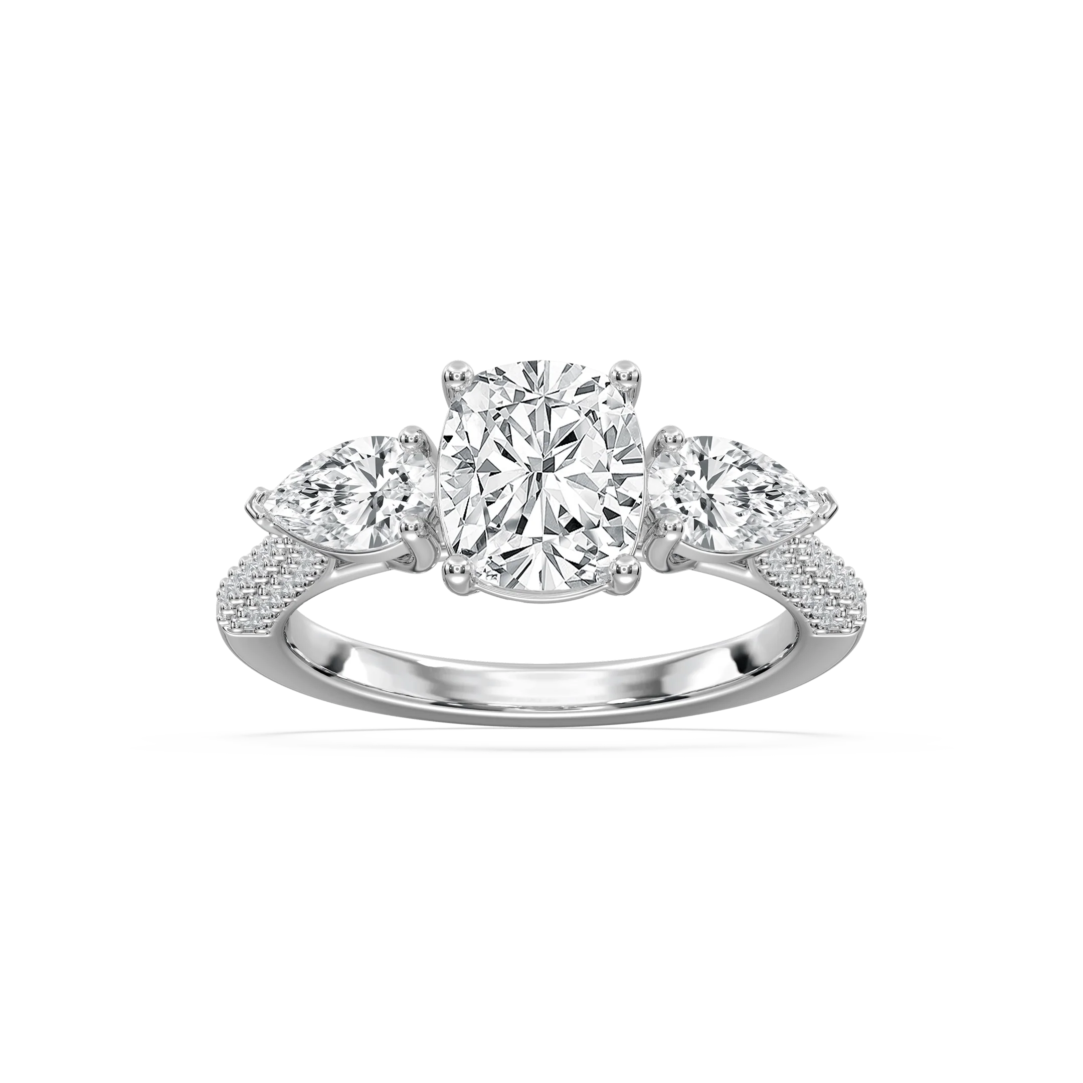 Phoebe 3 ctw Elongated Cushion Lab Grown Diamond Pave Three Stone Engagement Ring