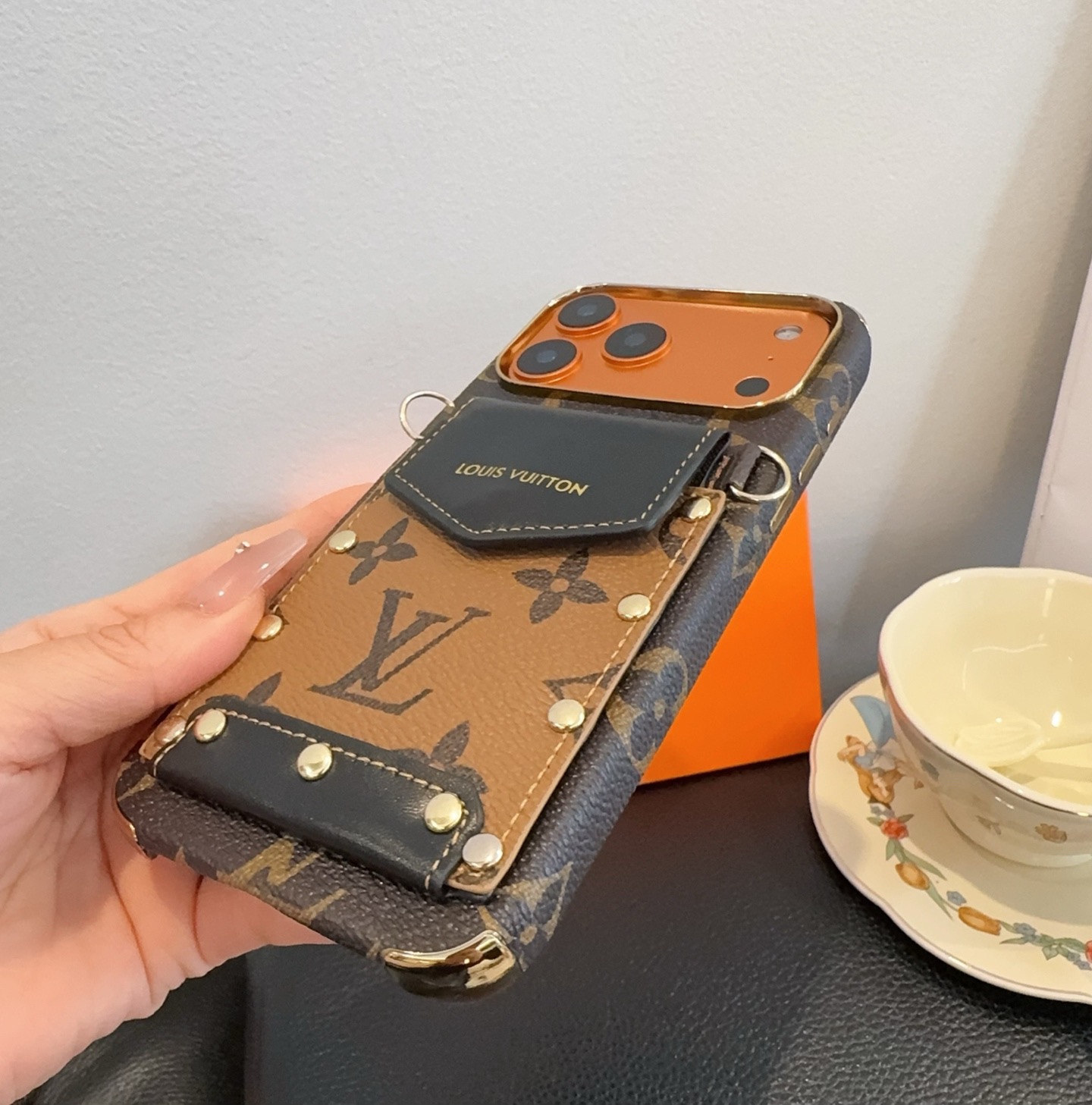 Louis Vuitton Style Monogram Card Holder Crossbody Phone Case With Rivet Detail