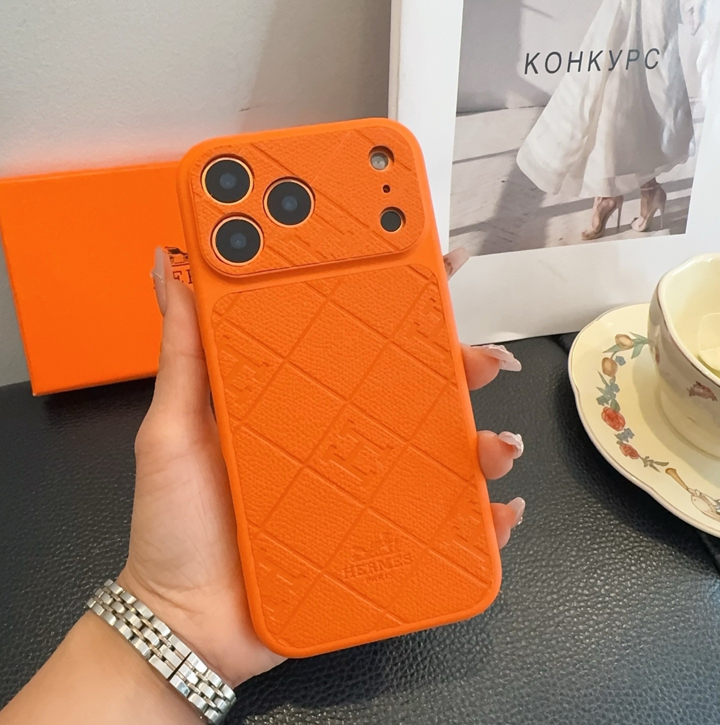 Hermès Style Embossed Leather Texture Full Cover Phone Case