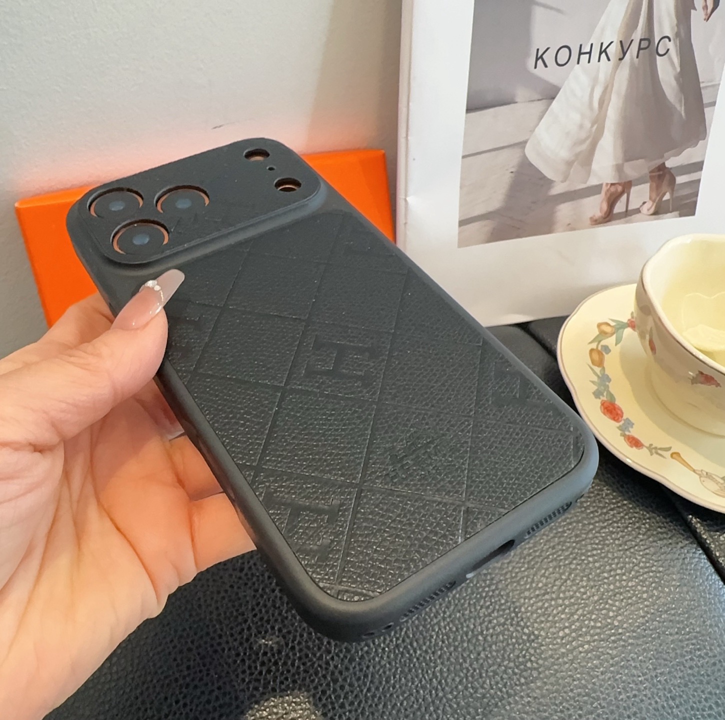 Hermès Style Embossed Leather Texture Full Cover Phone Case