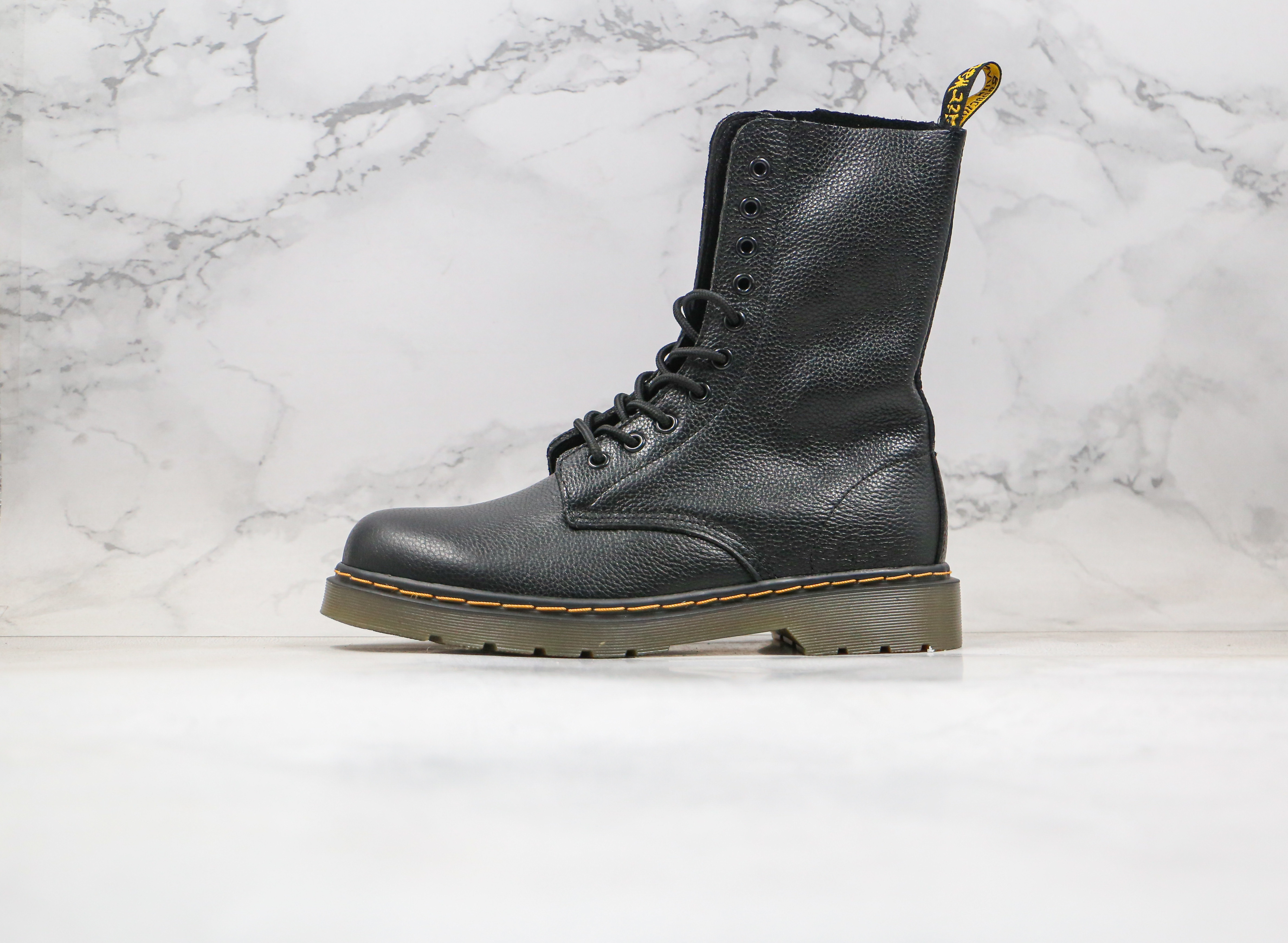 Dr. Martens Black Pebbled Leather Buckle 10-Eye Boots