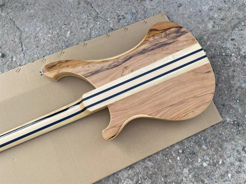 Through Body Electric Bass Guitar Spalted Maple Chrome Parts Fixed Bridge Top
